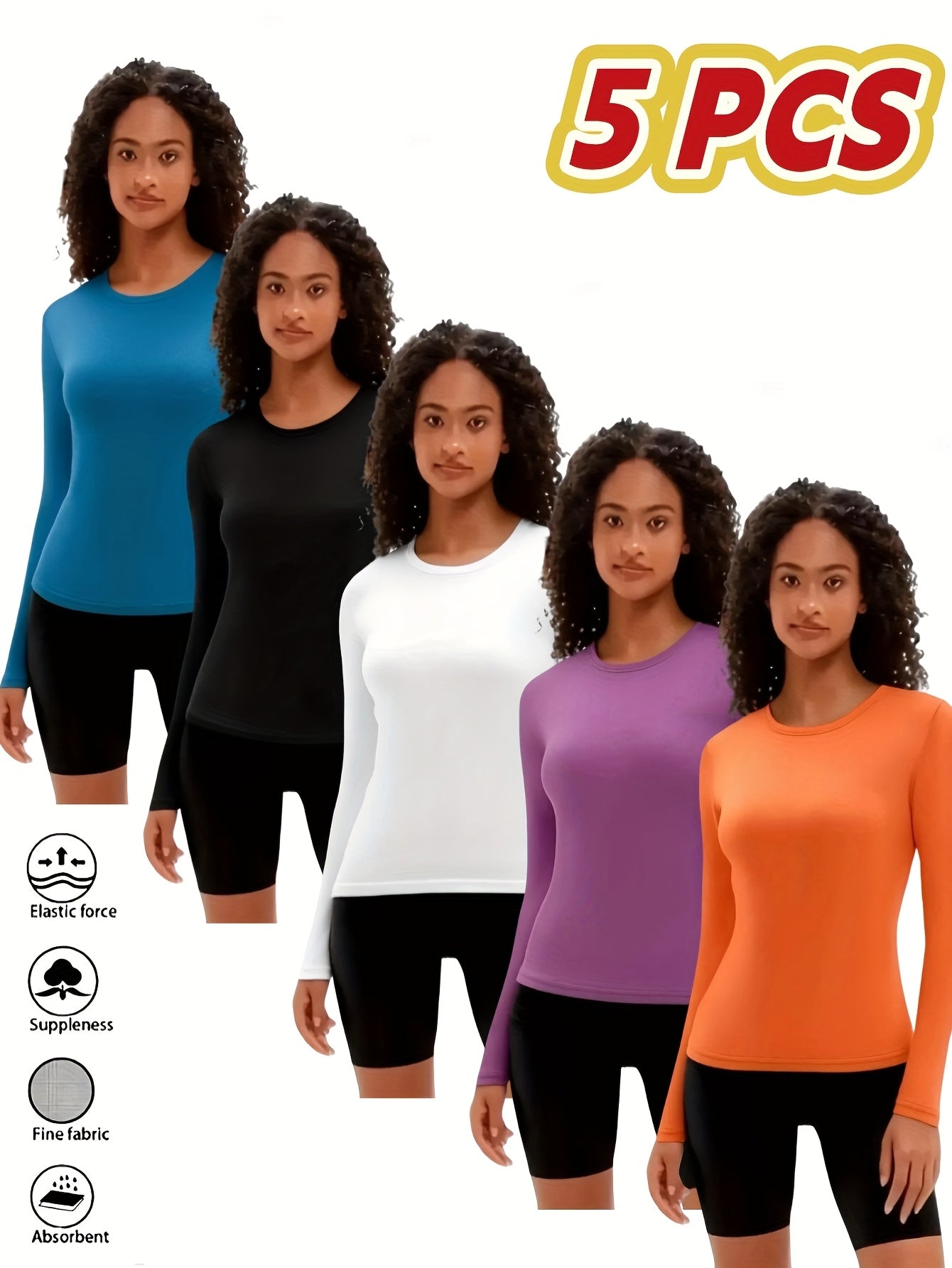 5pcs Women'S Long Sleeve T-Shirts - 100%, V-Neck, Medium Stretch, Moisture-Wicking & Breathable, Five Color Options For, Outdoor - Fall/Winter Collection, Shirts, Wear, Solid Color Top, Breathable Fabric