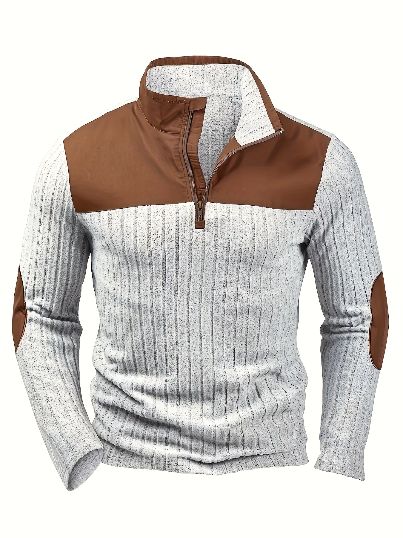 Men's Heavy-Duty Half-Zip Winter Jacket with Contrast Brown & White Collar - Warm Coat for Skiing,, Casual Outdoor Wear - Machine Washable (Brown/Beige) - Regular Fit Long Sleeve Zippered Outerwear