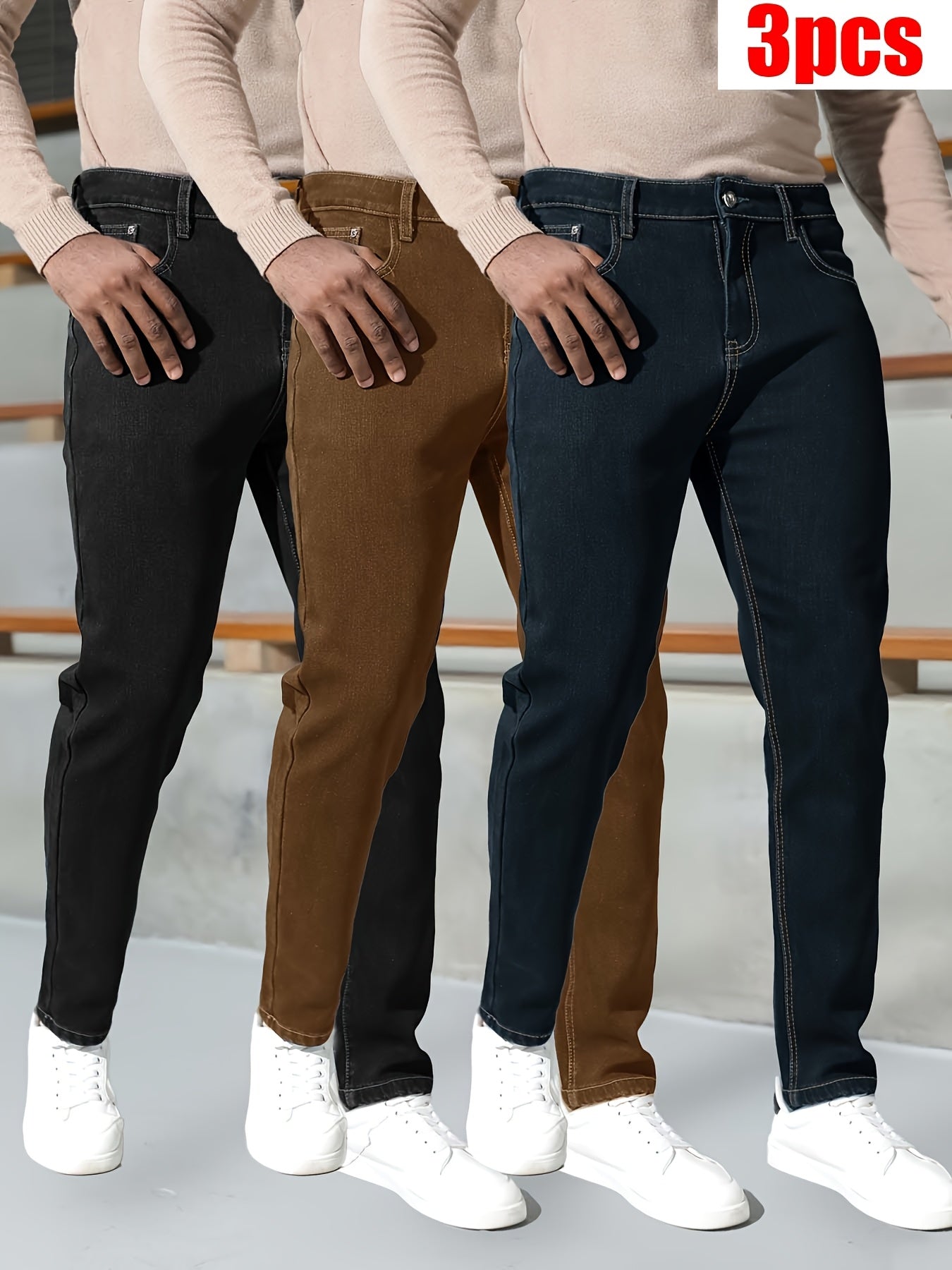 3 Packs - Cost-effective Men's Jeans - Street Style Trendy Slim Fit Men's Jeans - Wearable In All Seasons, Casual Wear Bottoms, Daily Outfit Essential, Regular Length Jeans, Solid Color Jeans, Street Style Enthusiasts, Budget