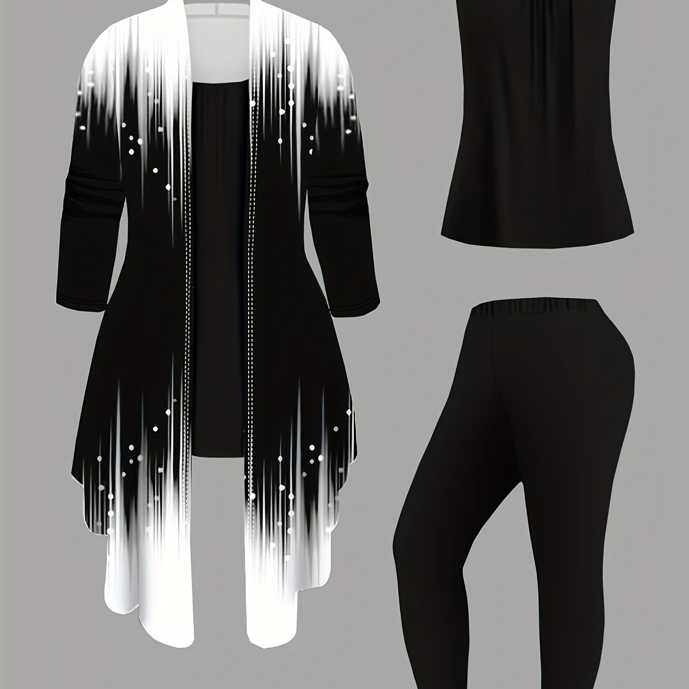 3pcs Women'S Casual Ombre Print Sweater Set - Black & White Gradient Cardigan, Sleeveless Top, and Leggings with Zipper Detail, Polyester Blend, Spring/Summer Fashion, Casual Wear|Ombre Print Top|Zipper Detail, Sweater Set