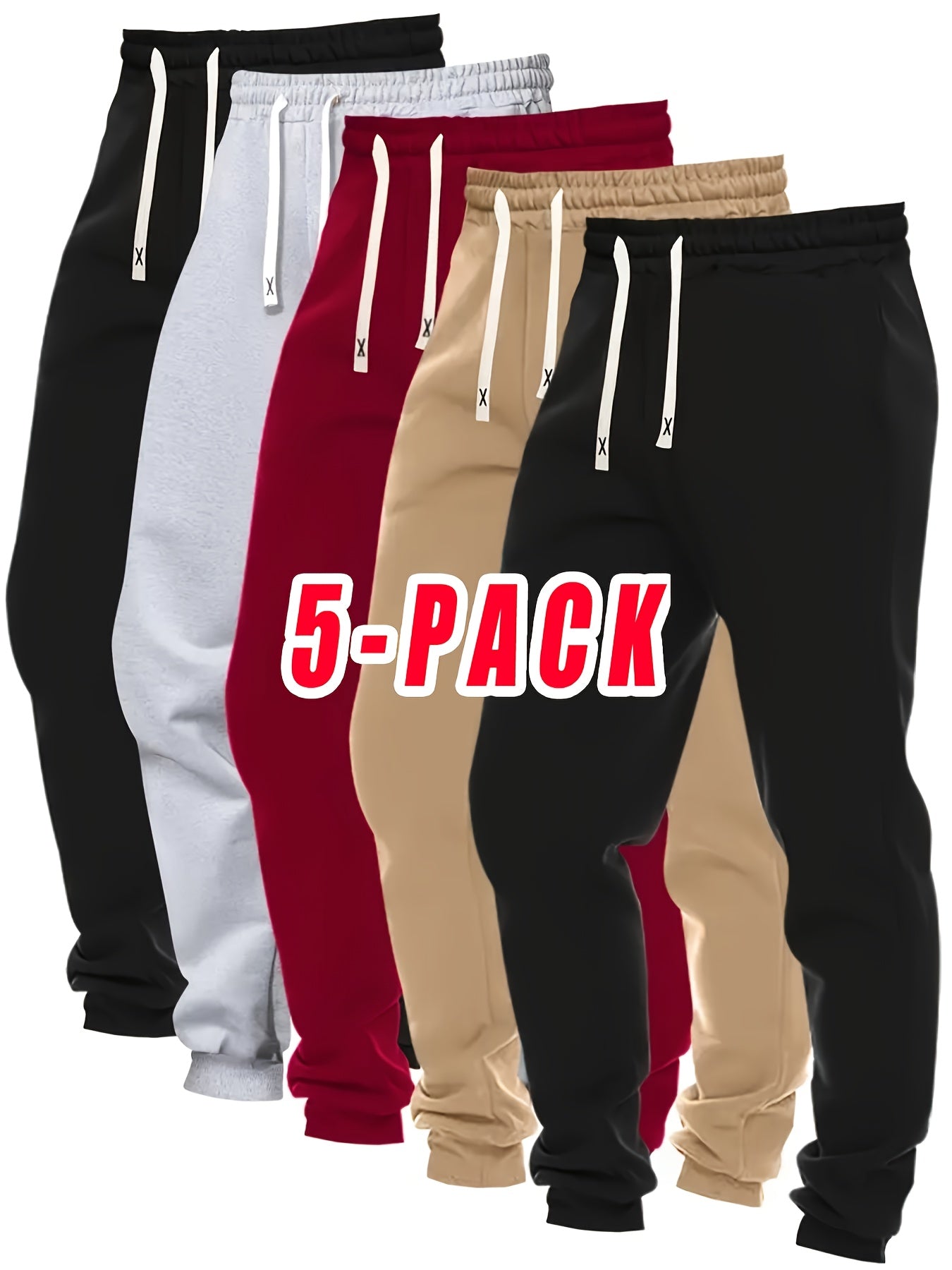 5pcs Men'S Jogger Pants - Elastic Drawstring Waist Gym Running Pants, Loose Fit Casual Trousers with Pocket - Black/Red/Beige/White/ - Autumn Workout & Everyday Streetwear for Men, Jogging Pants, Outdoor Activewear, Sporty De