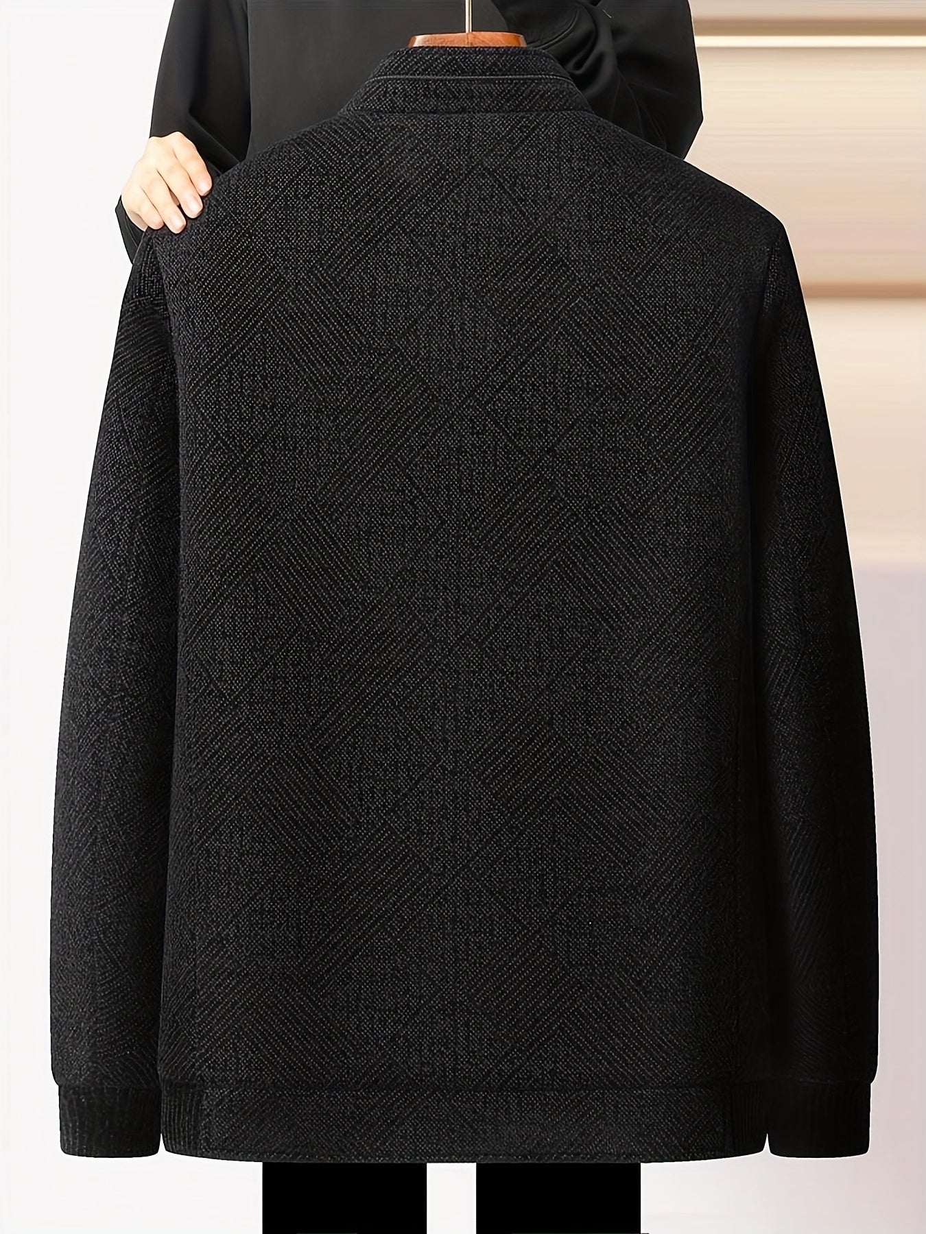 [OBM Winter Coat for Mature Men] Lisen Men's Winter Luxury Plush Jacket - Full-Zip Stand Collar Coat, Black/Brown/Beige Interior, Golden-Tone Logo, Hand Washable Soft Outerwear for Cold Weather & Formal/Casual