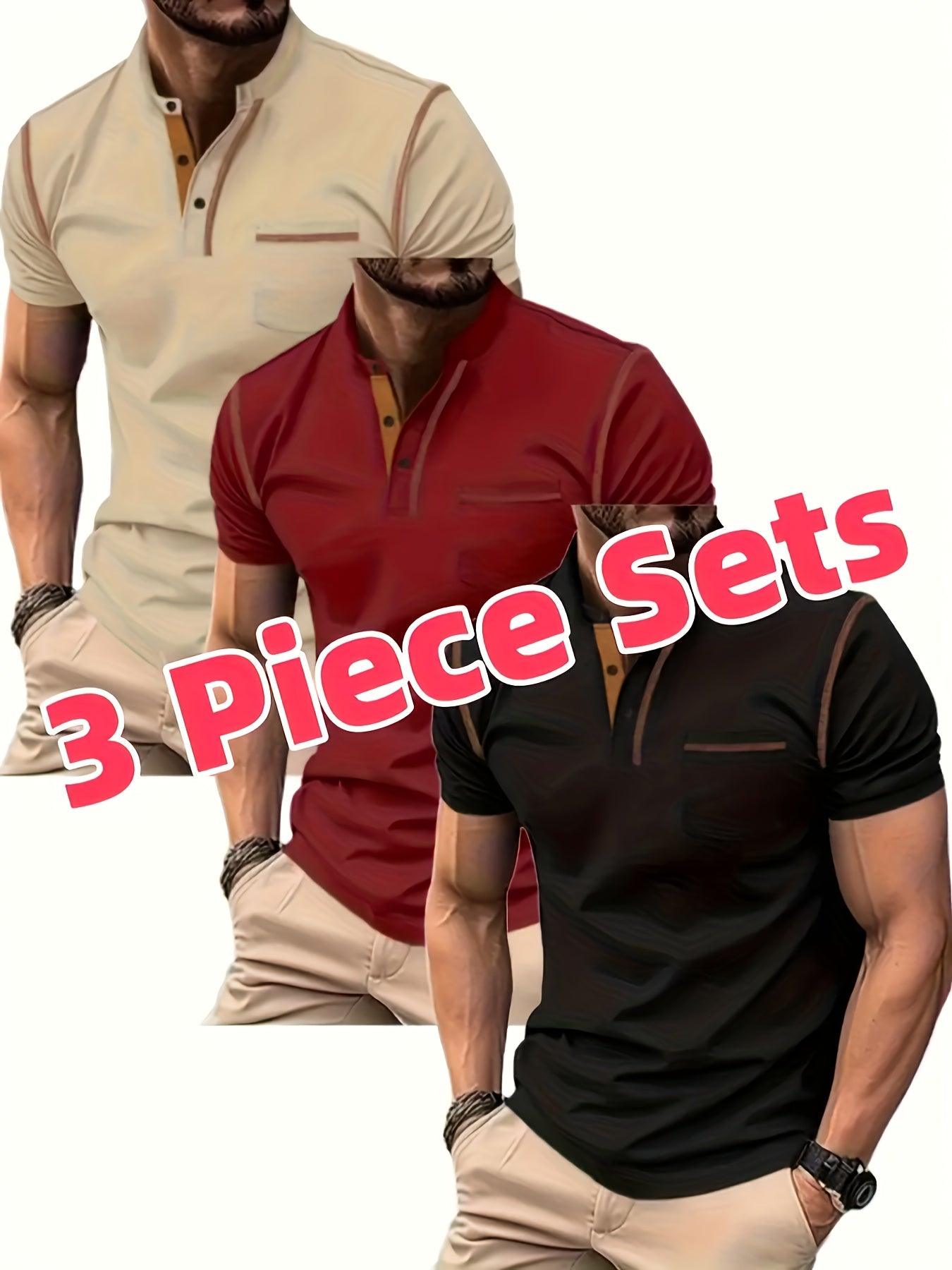 3pcs Men's Slim-Fit Golf & Tennis Shirts Breathable Stretchy Short Sleeve Contrast Collar All-Season Non-Sheer Sportswear Set