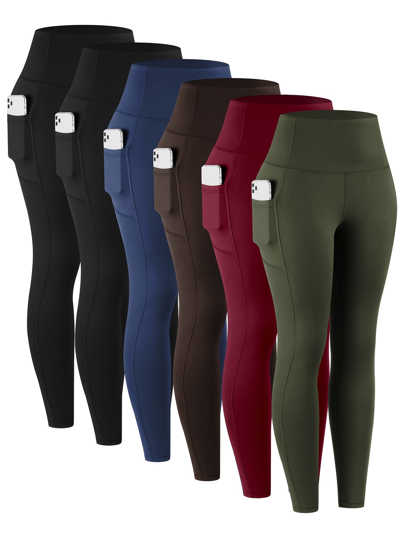 6pcs Women's High-Waisted Leggings - Non-See-Through Pants with Side Pockets, Stretchy All-Season & Casual Pants, Machine Washable Everyday Pants for Women, Leggings for Women, Leggings with Pockets, Womens Leggings, Women Le