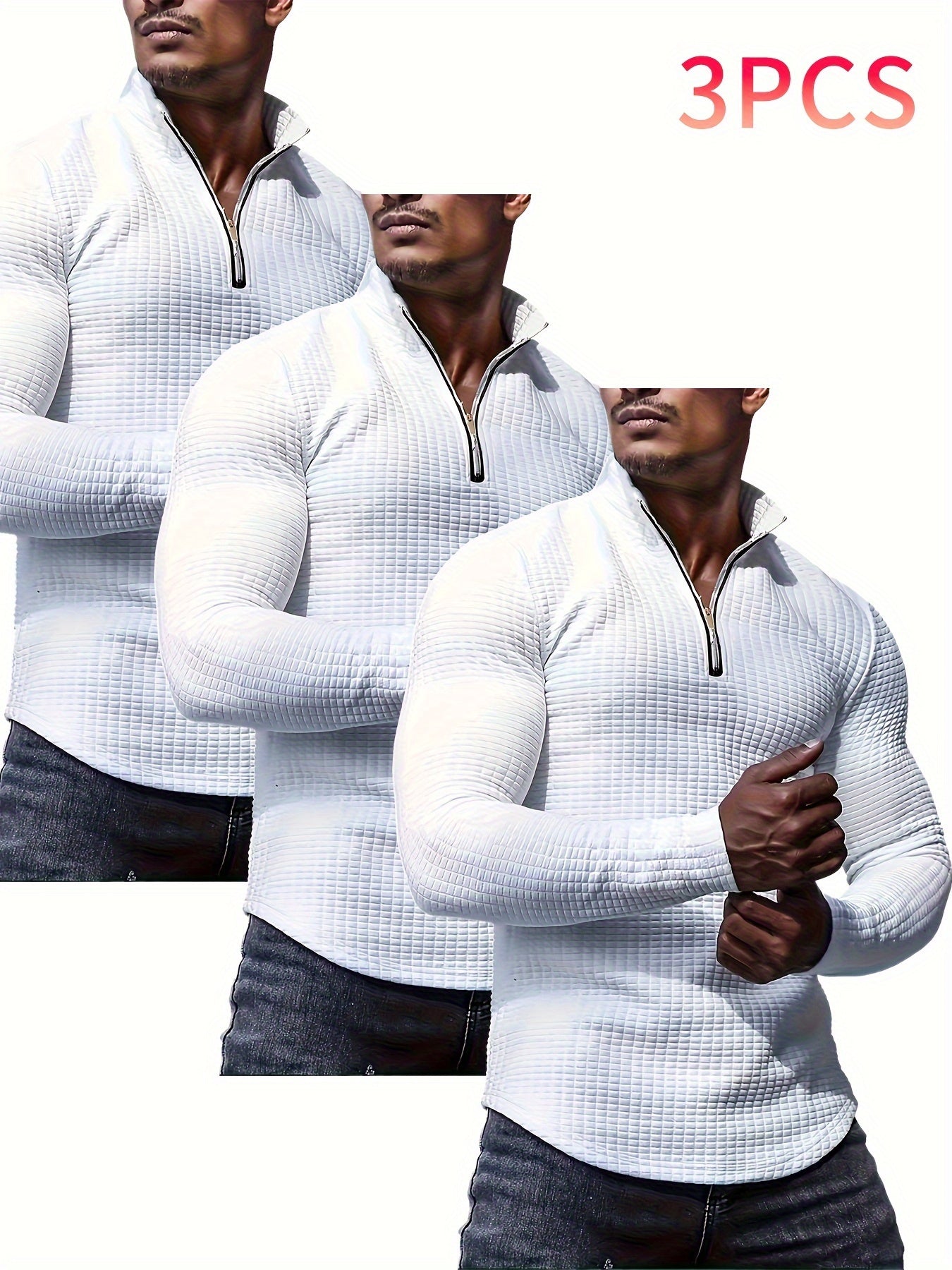 3pcs Men's Waffle Knit Zip-Up Collar Sweatshirts - Solid Color, Stretch Fabric, Machine Washable for Spring, Fall, and Winter