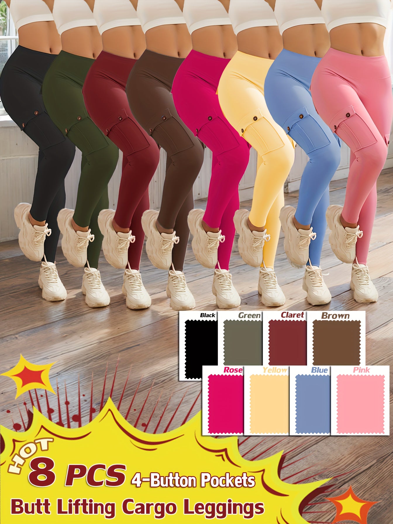 8-pack High Waist Yoga Leggings, 8pcs Leggings Set, 4 Way Stretch, Butt Lifting Tummy Control, 4 Button Pockets Workout Running Sports Pants