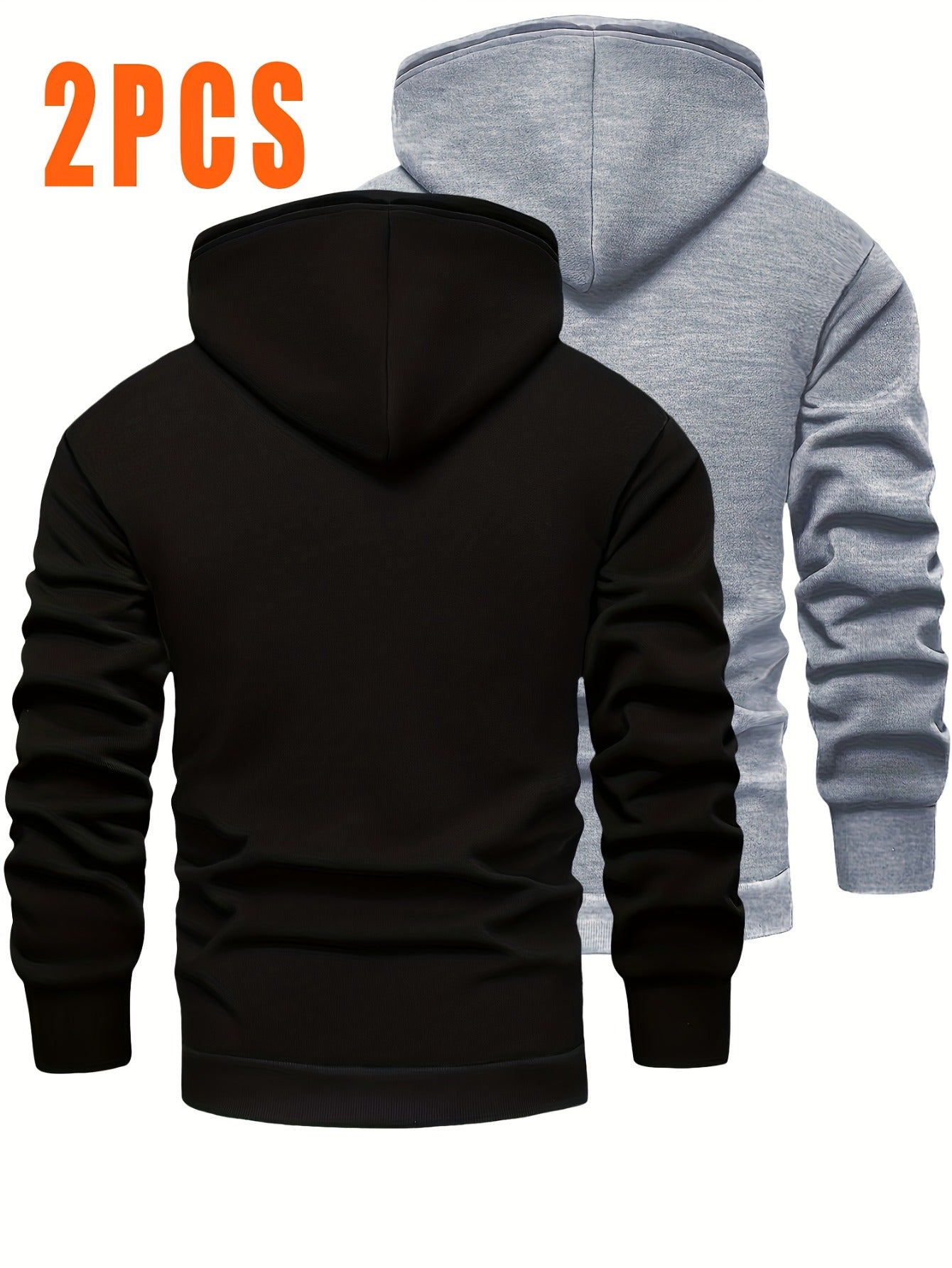 2pcs Men'S Hooded Sweaters - Pullover Hoodies with Kangaroo Pocket, Machine Washable Loose Fit Casual & Formal Wear, Black & Grey/White Solid Color Layering Essentials for Autumn/Winter, Warm Full-Zip Hooded Sweater for Daily