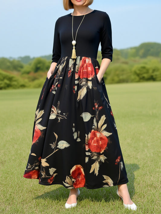 Women's Elegant A-Line Floral & Solid Color Patchwork Dress - Long Sleeve Waist-Cinching Round Neck with Short Sleeves-like Collar, Vibrant Red/Black Floral Print on Dark Background, Breathable Fabric for Spring Summer Fall,