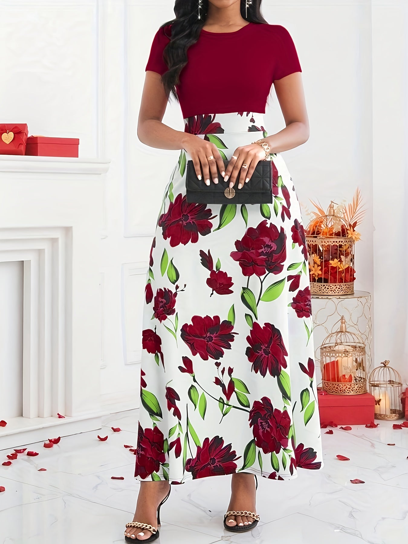 Elegant Women's Floral Print Maxi Dress - Short Sleeve Round Neck High-Waisted Black & Green Floral Pattern, Machine Washable Spring/Summer Formal Event Attire, Sophisticated Design, Floral Print Dress, Spring Summer Outfit,