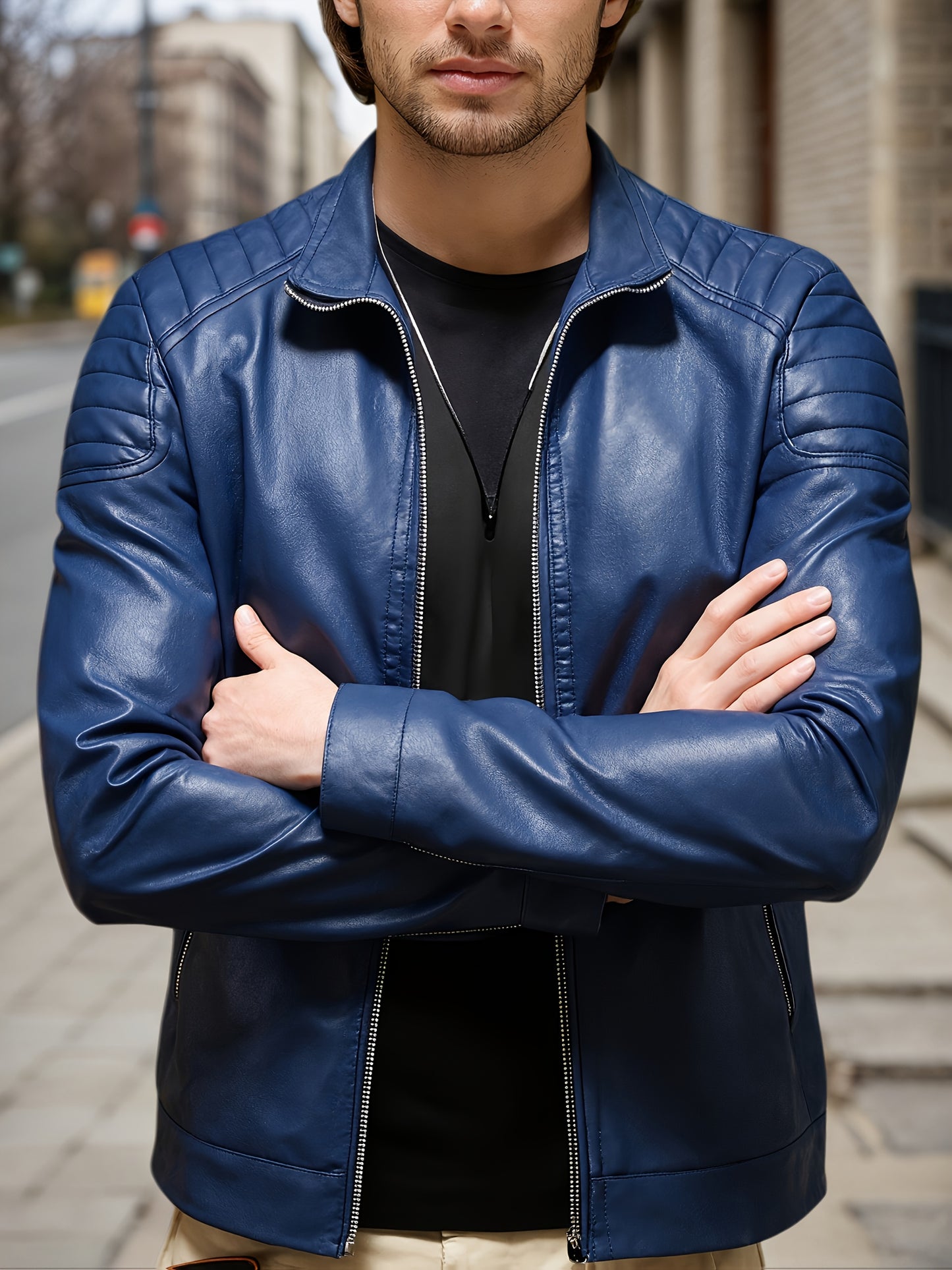 Men's Retro Street Style Bomber Jacket with Stand Collar & Zipper Closure - Solid Black/Blue/ Brown/Beige/Gray/White - Full-Zip Casual Coat with Functional Pockets, Shell & Lining for Spring/Fall, Motorcycle & Casual Attire -