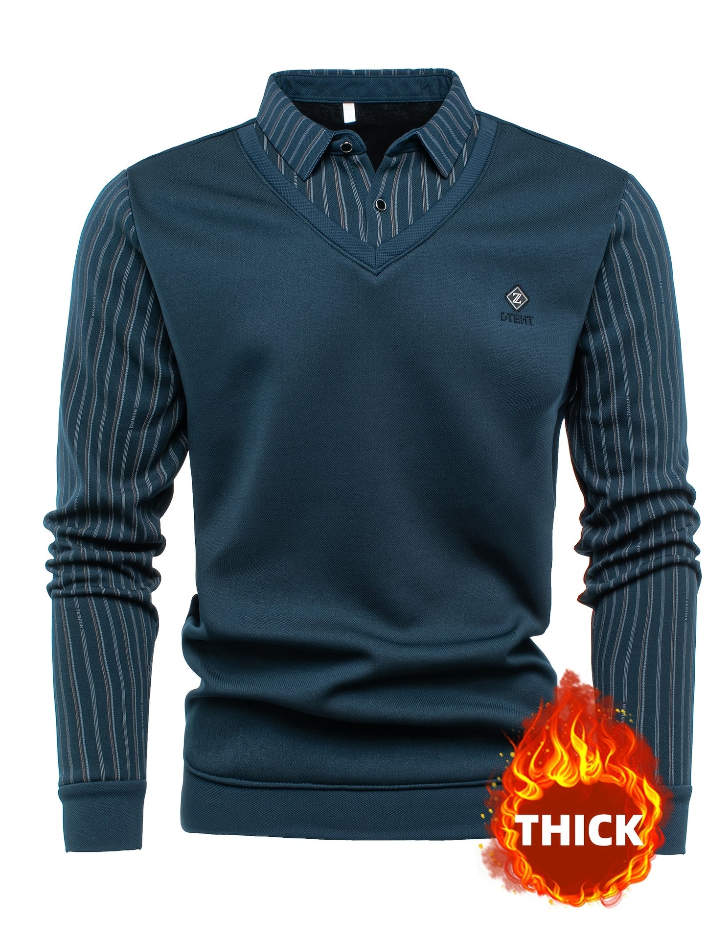 New Autumn And Winter Plush Men'S Long-Sleeved Fake Two-Piece Vest Design, Diamond-Shaped Decorative Stickers on The Chest, Pinstripe Lining, Soft And Warm for Daily Travel, Casual And Versatile, Light Business Fashion Lapel