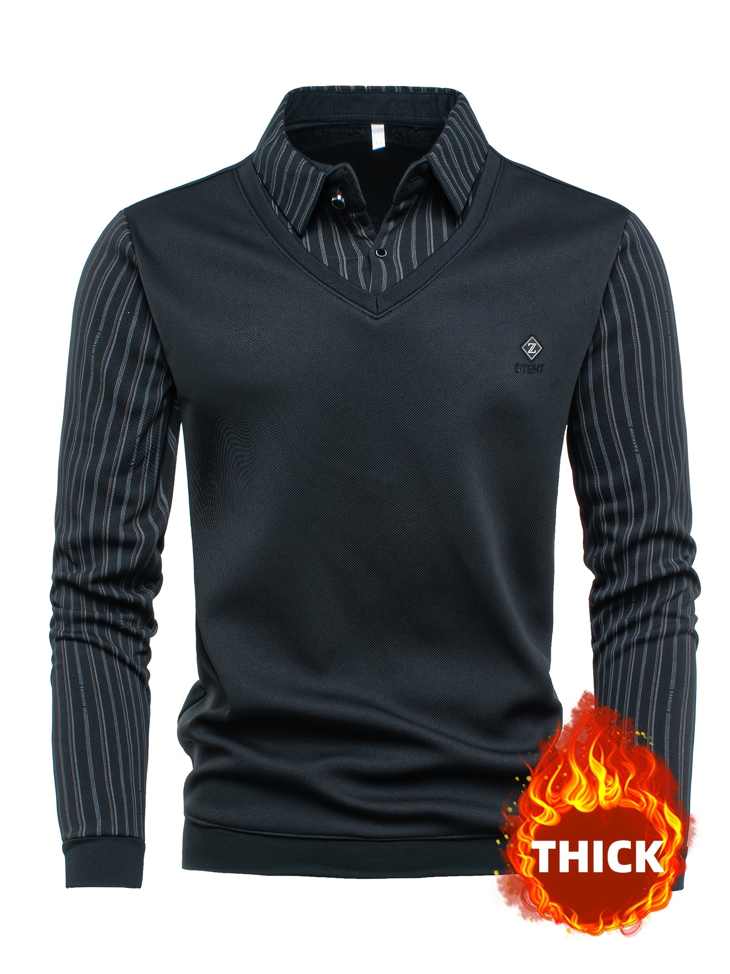 New Autumn And Winter Plush Men'S Long-Sleeved Fake Two-Piece Vest Design, Diamond-Shaped Decorative Stickers on The Chest, Pinstripe Lining, Soft And Warm for Daily Travel, Casual And Versatile, Light Business Fashion Lapel