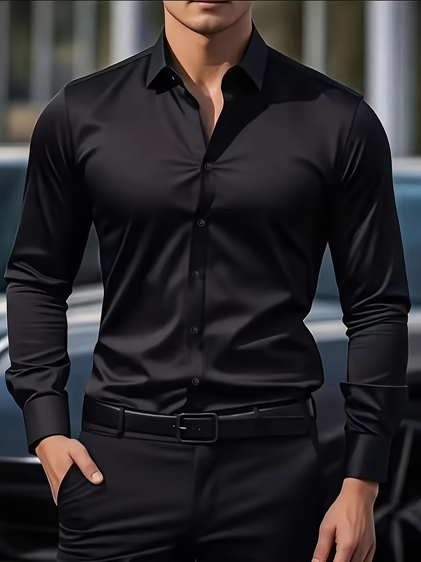 Men'S Formal & Business Casual Long Sleeve Shirt - Classic Point Collar Button-Up Blouse, Loose Fit Non-Stretch Fabric, All-Season Office & Everyday Formal Attire in Classic Colors (White, Brown, Black) - Easy Care Profession