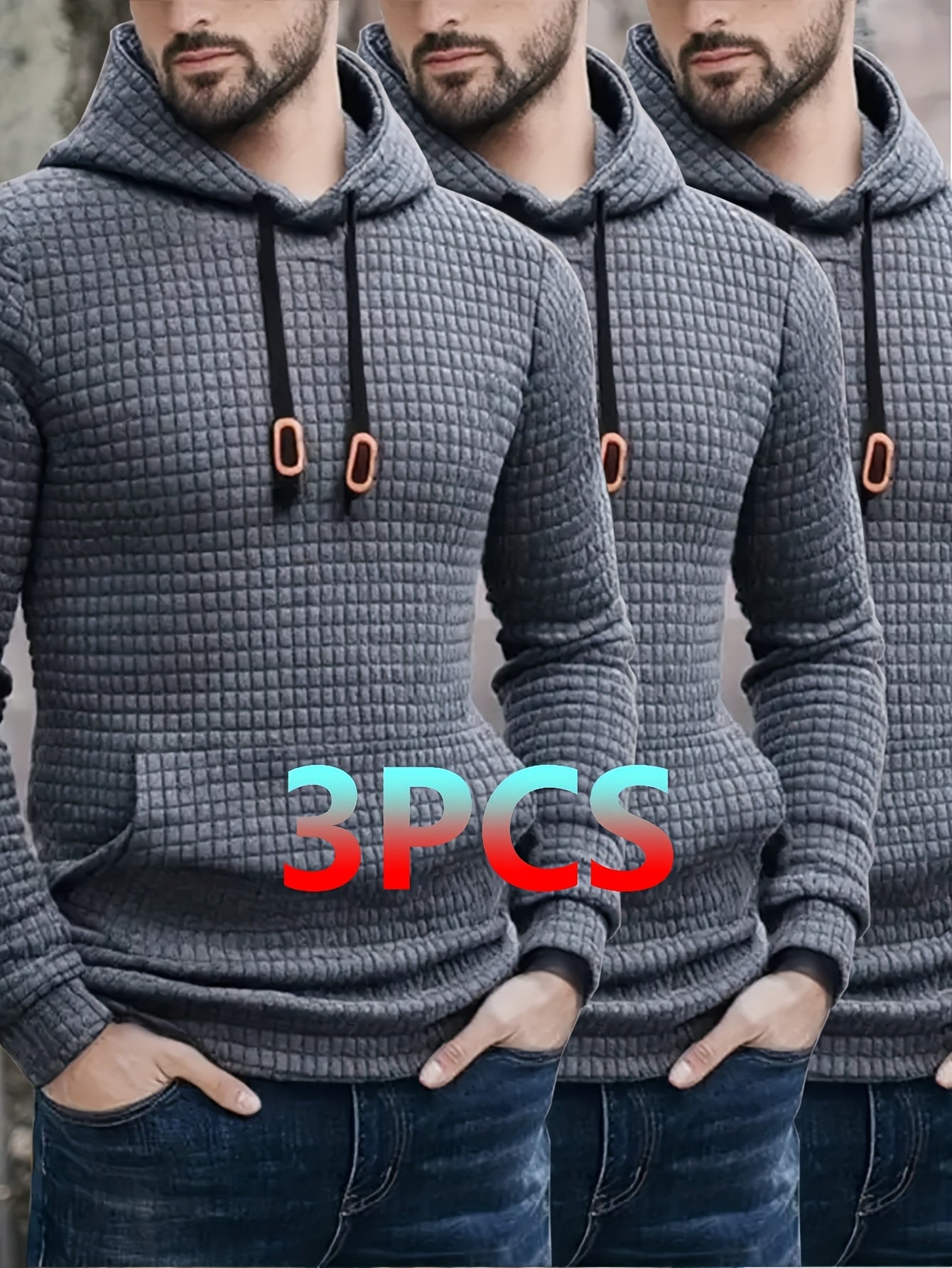 3pcs Set, Men's Waffle Hoodie Long Sleeved, Kangaroo Pocket Casual Sports Top, Suitable For Spring And Autumn