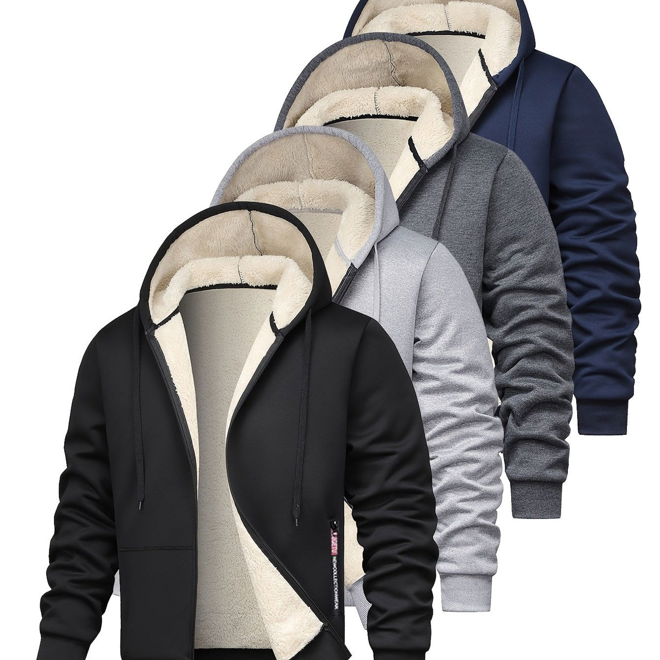 Men's solid color fleece hooded sweatshirt with thick warm fleece lining for winter, loose casual sports jacket in black, light gray, dark gray, and navy blue