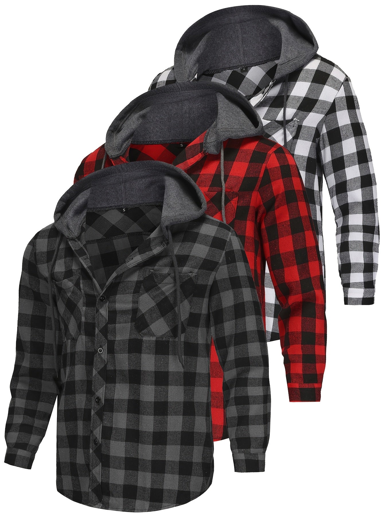 Black/Red/Blue 3 Pack Men's Flannel Hoodie Shirts - Casual Button- Long Sleeve Hooded Jackets with Pockets, Machine Washable, Regular Fit, Solid Color, Everyday Comfort Apparel, Plaid Pattern Design, Nonstretch Fabric