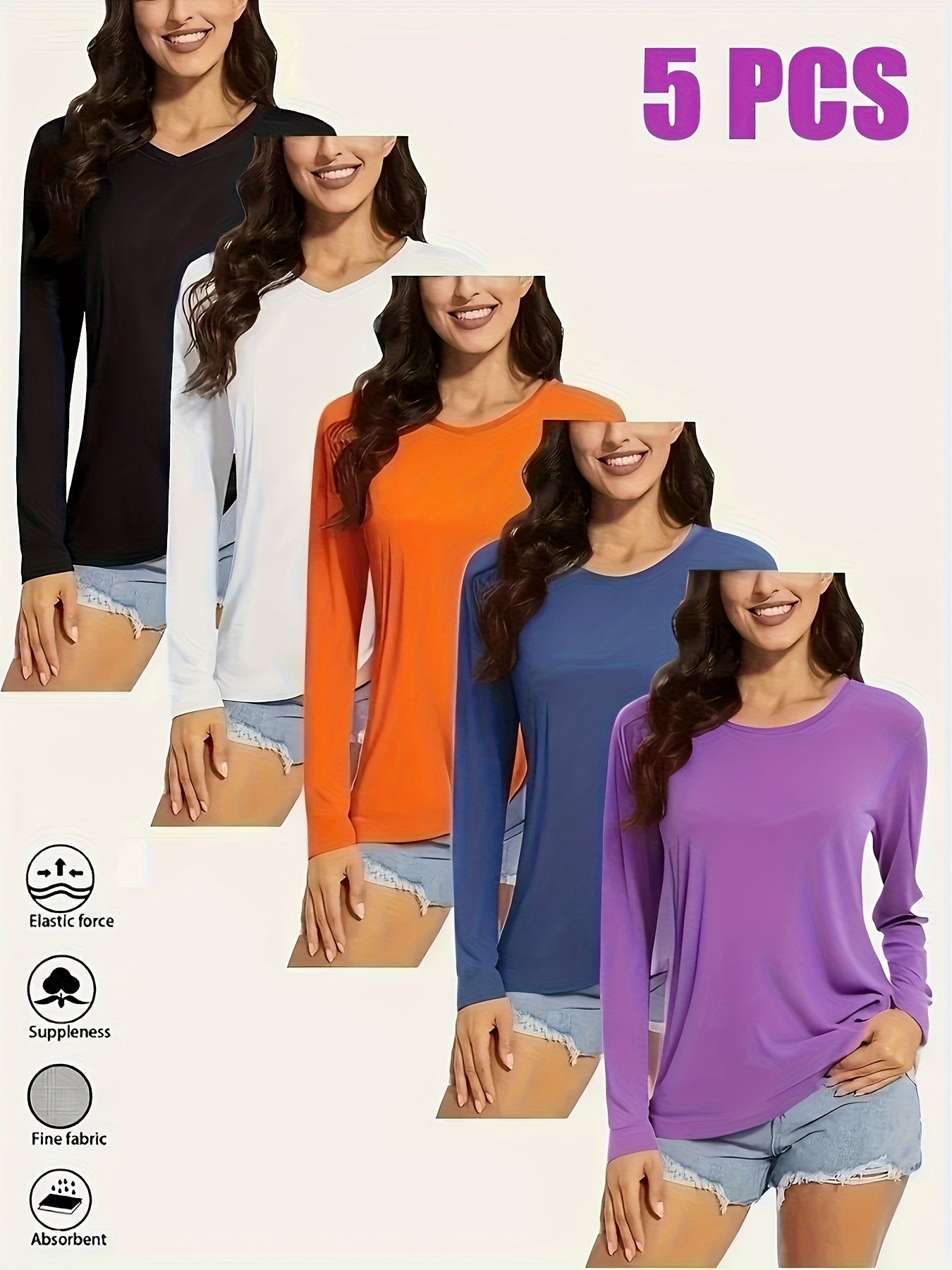 5pcs Women'S Long Sleeve T-Shirts - 100%, V-Neck, Medium Stretch, Moisture-Wicking & Breathable, Five Color Options For, Outdoor - Fall/Winter Collection, Shirts, Wear, Solid Color Top, Breathable Fabric