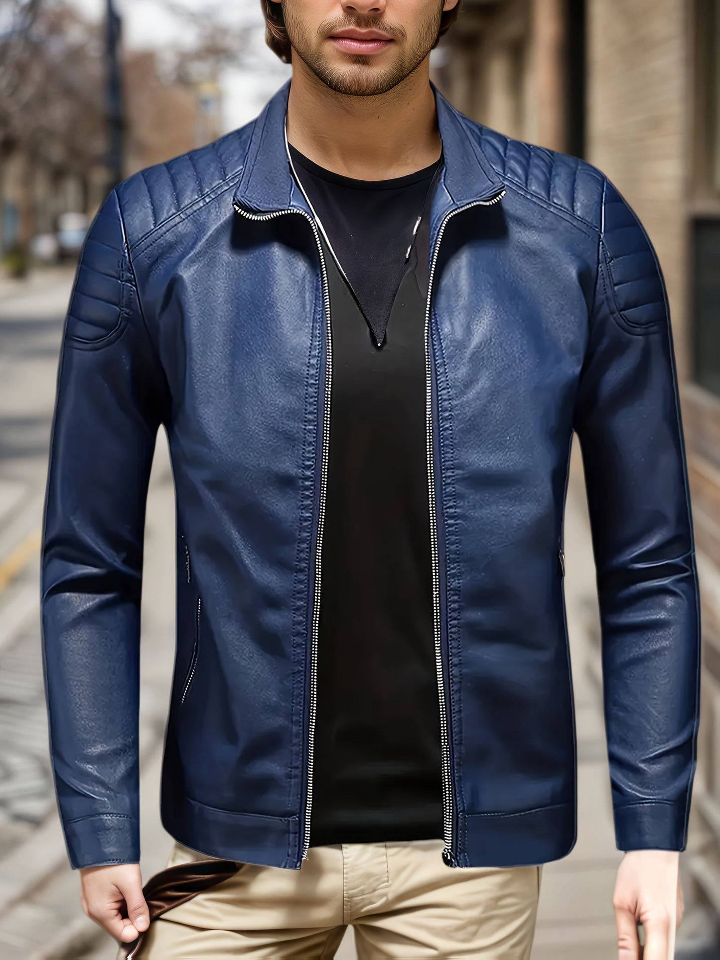 Men's Retro Street Style Bomber Jacket with Stand Collar & Zipper Closure - Solid Black/Blue/ Brown/Beige/Gray/White - Full-Zip Casual Coat with Functional Pockets, Shell & Lining for Spring/Fall, Motorcycle & Casual Attire -