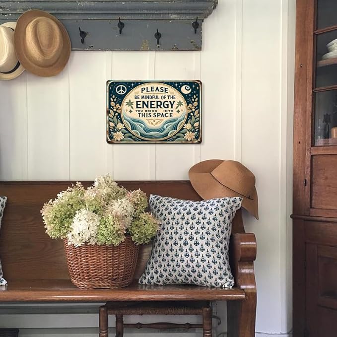 Retro Style Metal Sign 'Please Pay Attention to Energy' Room Decor Aluminum Sheet Metal Plaque Eye-catching Wall Art