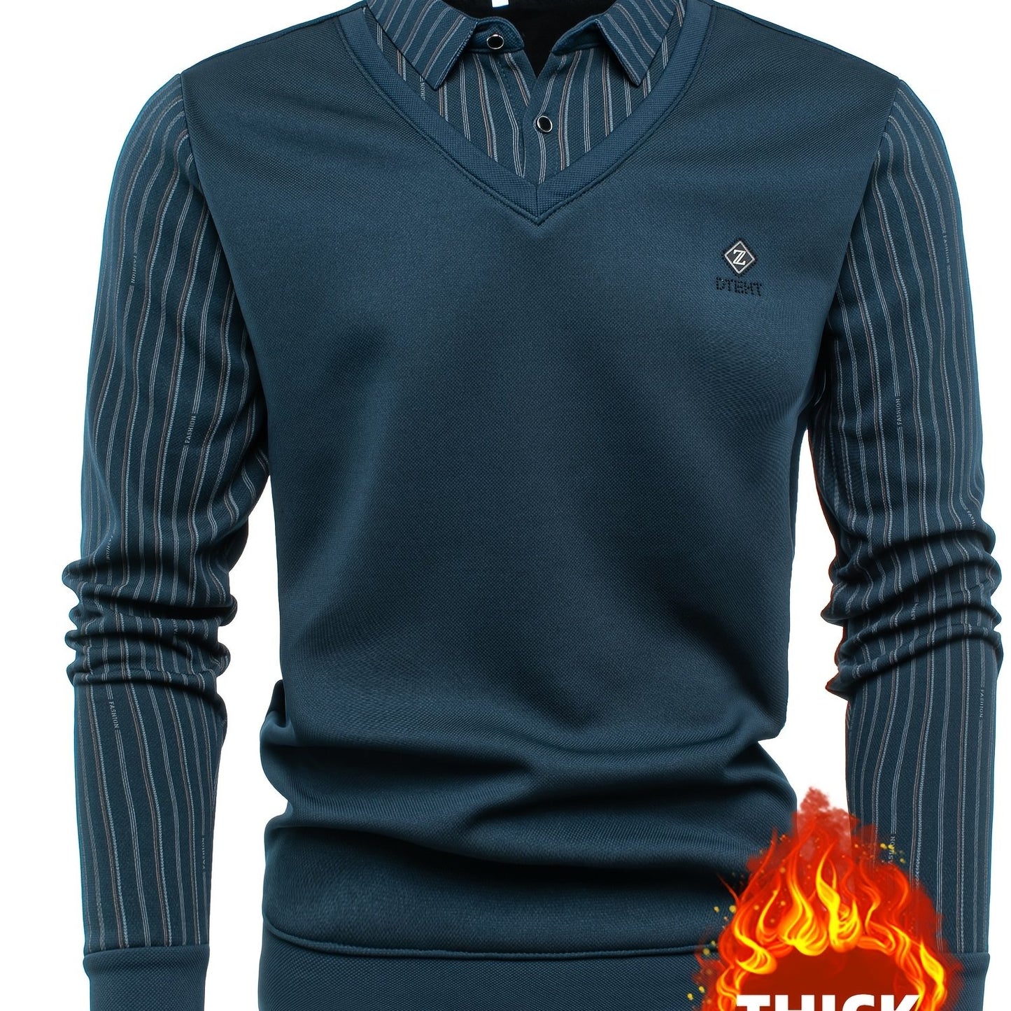 New Autumn And Winter Plush Men'S Long-Sleeved Fake Two-Piece Vest Design, Diamond-Shaped Decorative Stickers on The Chest, Pinstripe Lining, Soft And Warm for Daily Travel, Casual And Versatile, Light Business Fashion Lapel