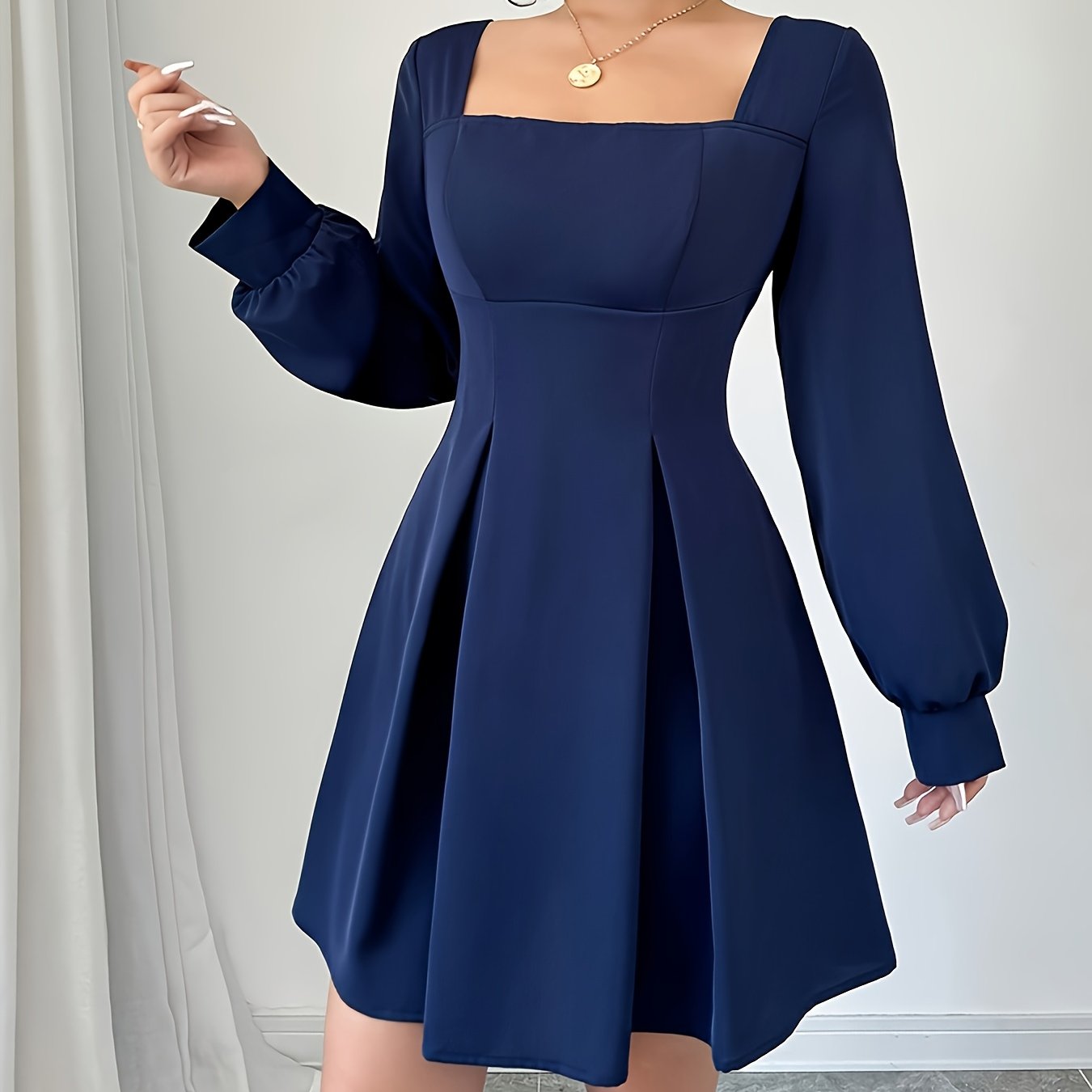 Women'S Elegant Navy Blue Formal & casual dress - Long Sleeve A-Line mini with Square Neck, Cinched Waist, Flared skirt, Zipper Back Closure - Party, Office, Everyday Outfits - Fall/Winter Women'S Clothing, Party Attire, Soph
