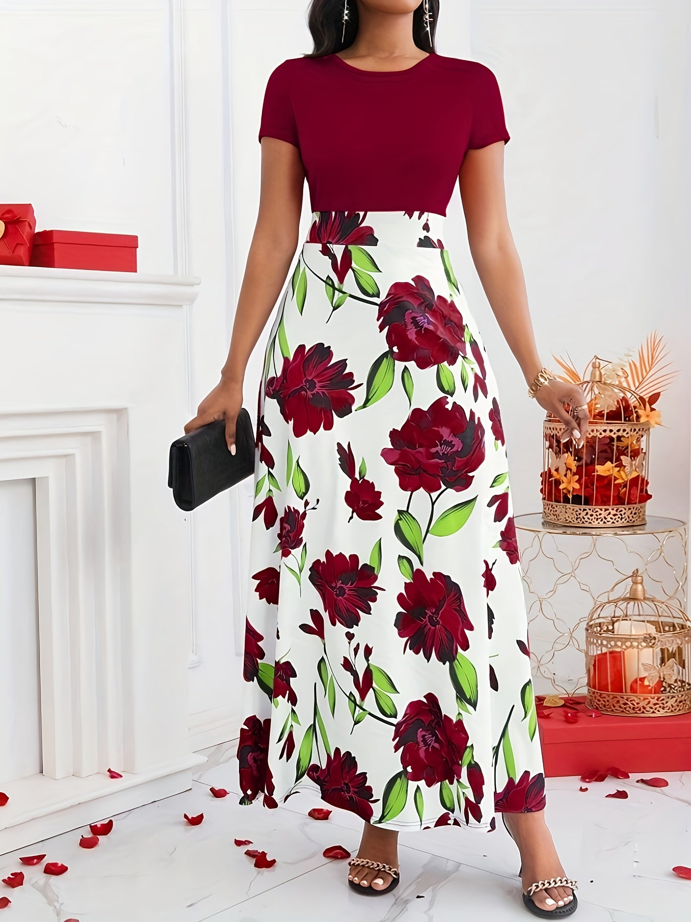 Elegant Women's Floral Print Maxi Dress - Short Sleeve Round Neck High-Waisted Black & Green Floral Pattern, Machine Washable Spring/Summer Formal Event Attire, Sophisticated Design, Floral Print Dress, Spring Summer Outfit,