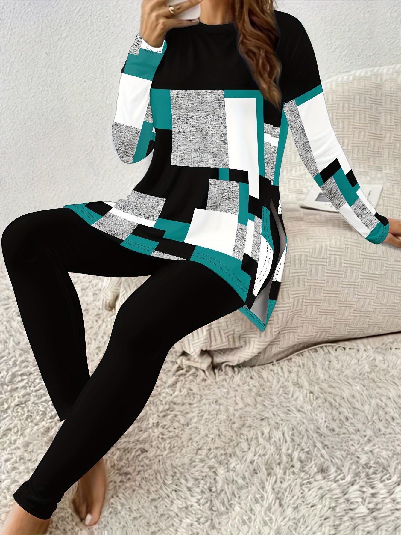 Women'S Casual 2pcs Set, Geometric Print Long Sleeve Crew Neck Top with Side Slit and Stretchy Pants, Polyester 95% Elastane 5%, Knit Fabric, 180gsm, Spring/Fall Comfort Fit Outfit