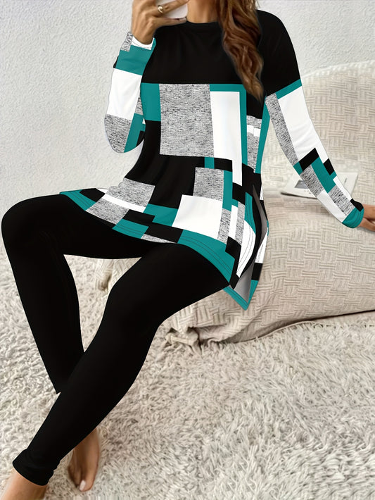 Women'S Casual 2pcs Set, Geometric Print Long Sleeve Crew Neck Top with Side Slit and Stretchy Pants, Polyester 95% Elastane 5%, Knit Fabric, 180gsm, Spring/Fall Comfort Fit Outfit