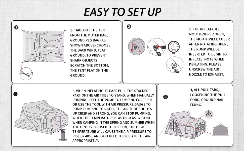 Large Inflatable Tent 135 SQFT for 8 to 10 Person Four Season Waterproof Quick Setup Cabin Tent with Reflective Mylar 600D Oxford Material
