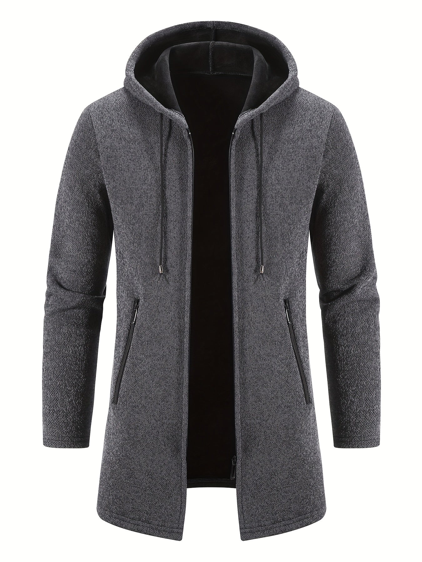 Men'S Fleece-Like Warmth Hooded Cardigan Jacket - Mid-Length Zipper Front Windbreaker Coat with Full-Zip Closure, Loose Fit Long Sleeve Winter Outerwear, Polyester Shell & Pockets for Casual & Semi-Formal Outfits (Autumn/Wint