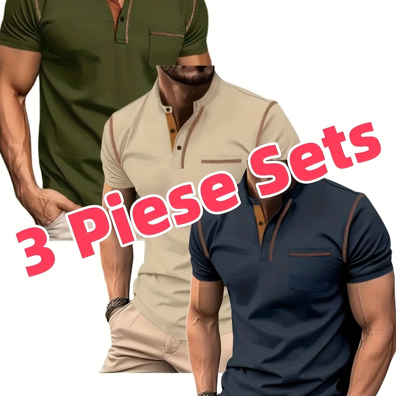 3pcs Men's Slim-Fit Golf & Tennis Shirts Breathable Stretchy Short Sleeve Contrast Collar All-Season Non-Sheer Sportswear Set