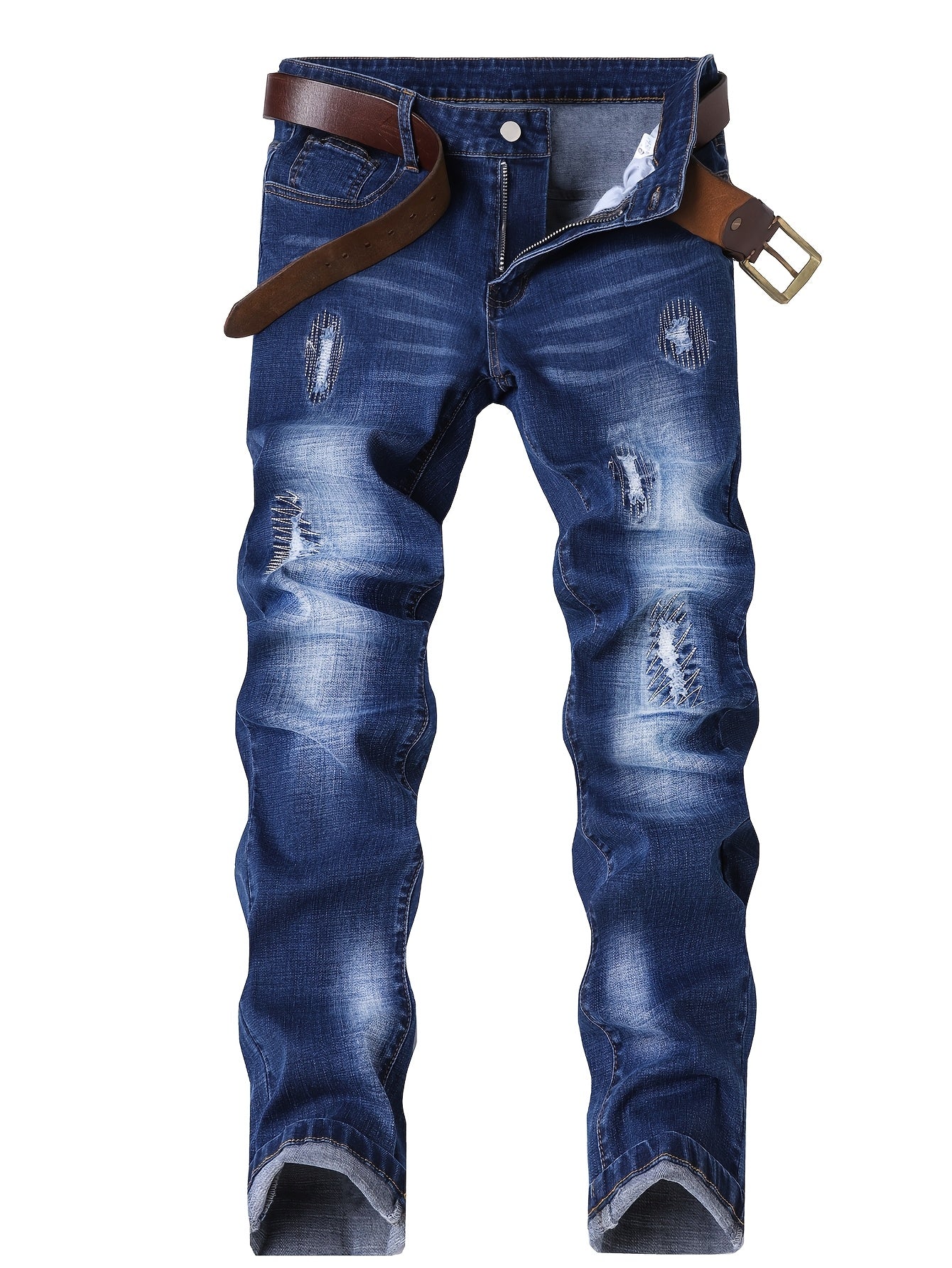 Mens Jeans with Elastic Distressed Embroidery, Slim Fit And Slimming Effect, Deep Blue Distressed Mens Clothes, Suitable for All Seasons