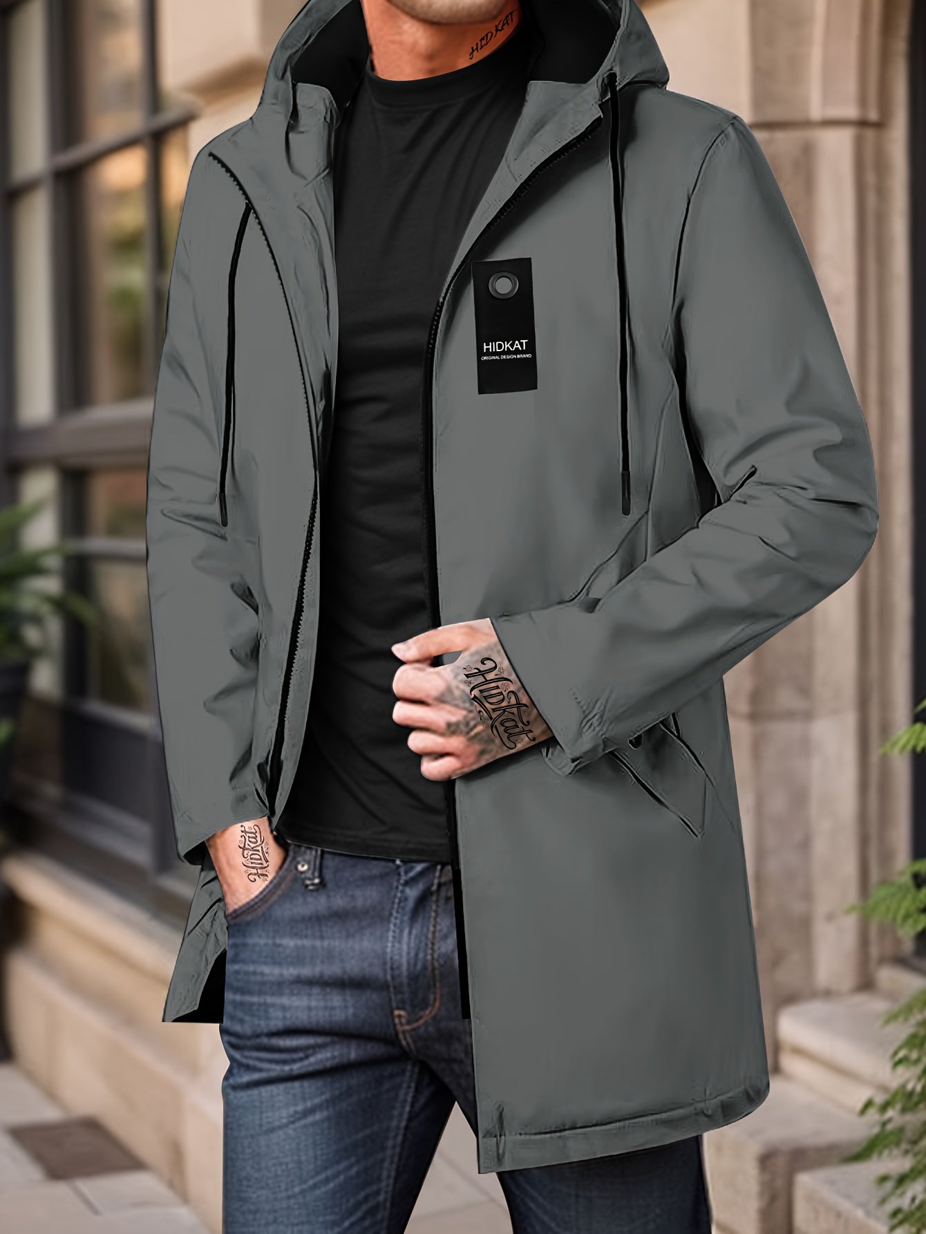 Men'S Lightweight Hooded Jacket with Full-Zip Closure & Drawstring Hood - Softshell Casual Coat, Zippered Pockets, Polyester Lining - Spring/Fall Outerwear for Everyday & Semi-Formal Wear (Black, Minimalist Design), Lightweig