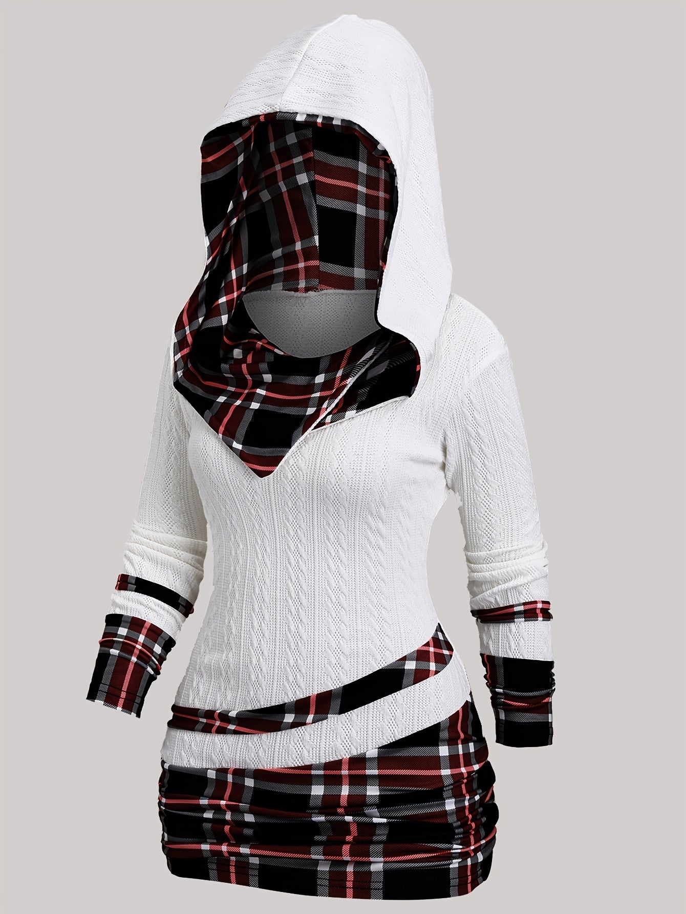 Plaid Texture Twill Patchwork Asymmetrical Collar Pleated Hooded Suit