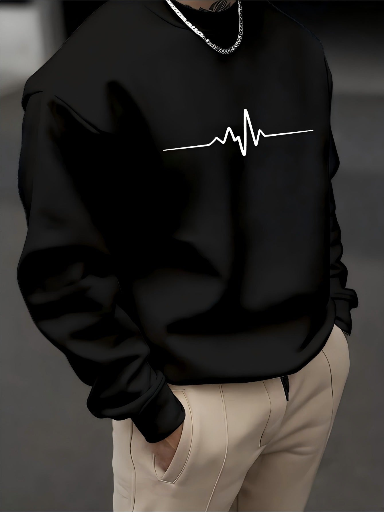 Men's Crewneck Sweatshirt - Dark Charcoal Gray with Heartbeat Graphic, Stretchy Long Sleeve Pullover for Everyday & Formal Wear, Machine Washable Winter Sweater for Cool Weather Layering, Cute Sweatshirts