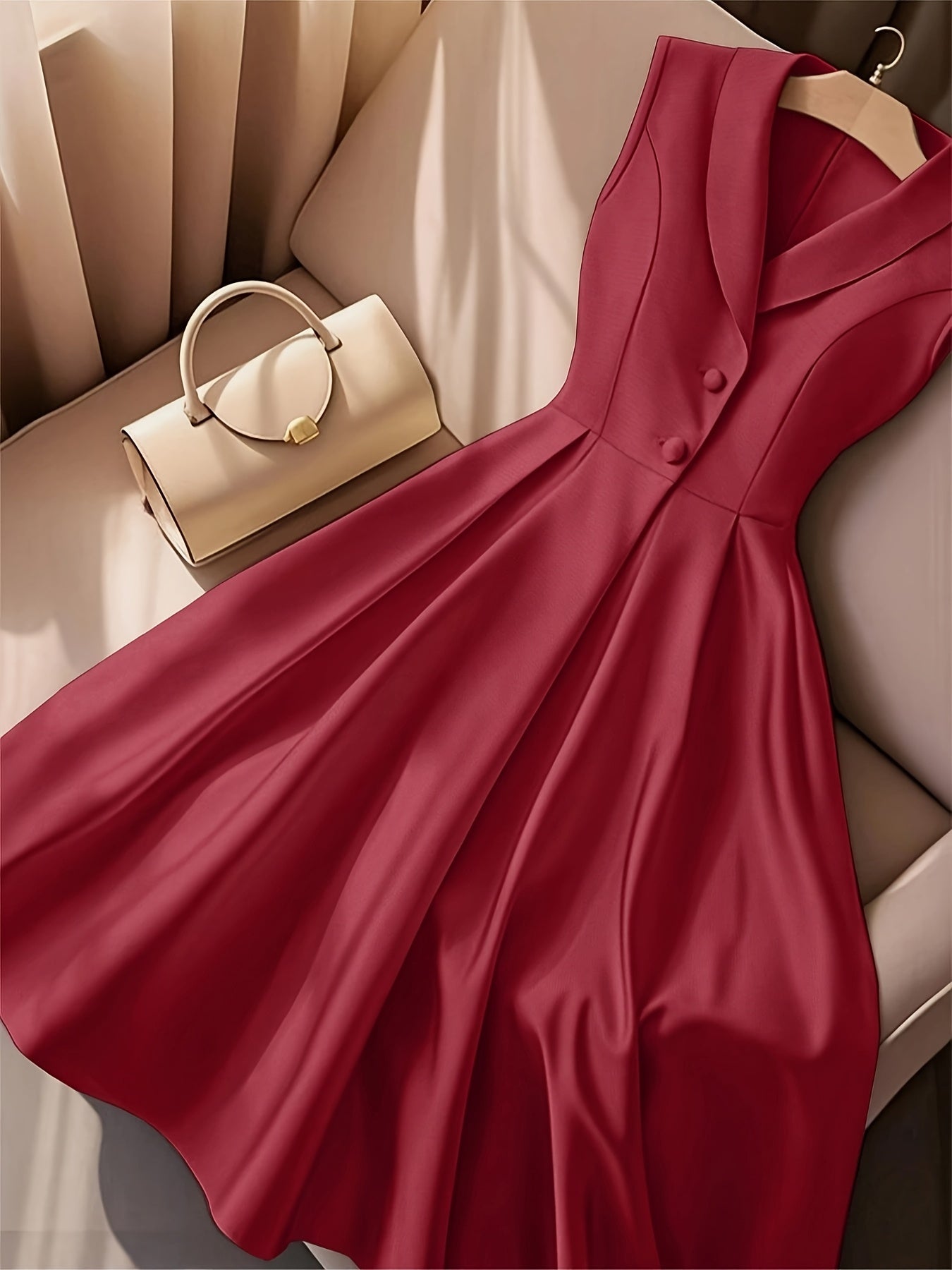 Women's Elegant Slim Fit Sleeveless V-Neckdress - Button-Up Front, Non-Stretchy Formal & Casual Outfit for Office, Party, Vacation - Machine Washable Women's Clothing, Party Attire, Timeless Fashion Piece, Smooth Fabric Finis