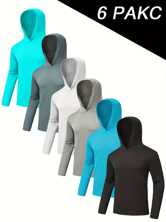 6pcs Men's UPF 50+ Hoodie Shirts Long Sleeve Fishing Swim Beach SPF Quick Dry Lightweight, Swimwear, Beachwear, Sporty Design, Activewear, Durable Construction, Stretchable Fabric, Performance Wear, Uv Protection Shirt, Sport