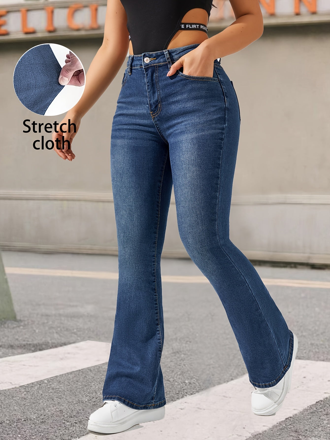 Fashionable And Versatile Blue High-Waisted Stretchy Flared Pants for Women with Cat Whiskers Design.