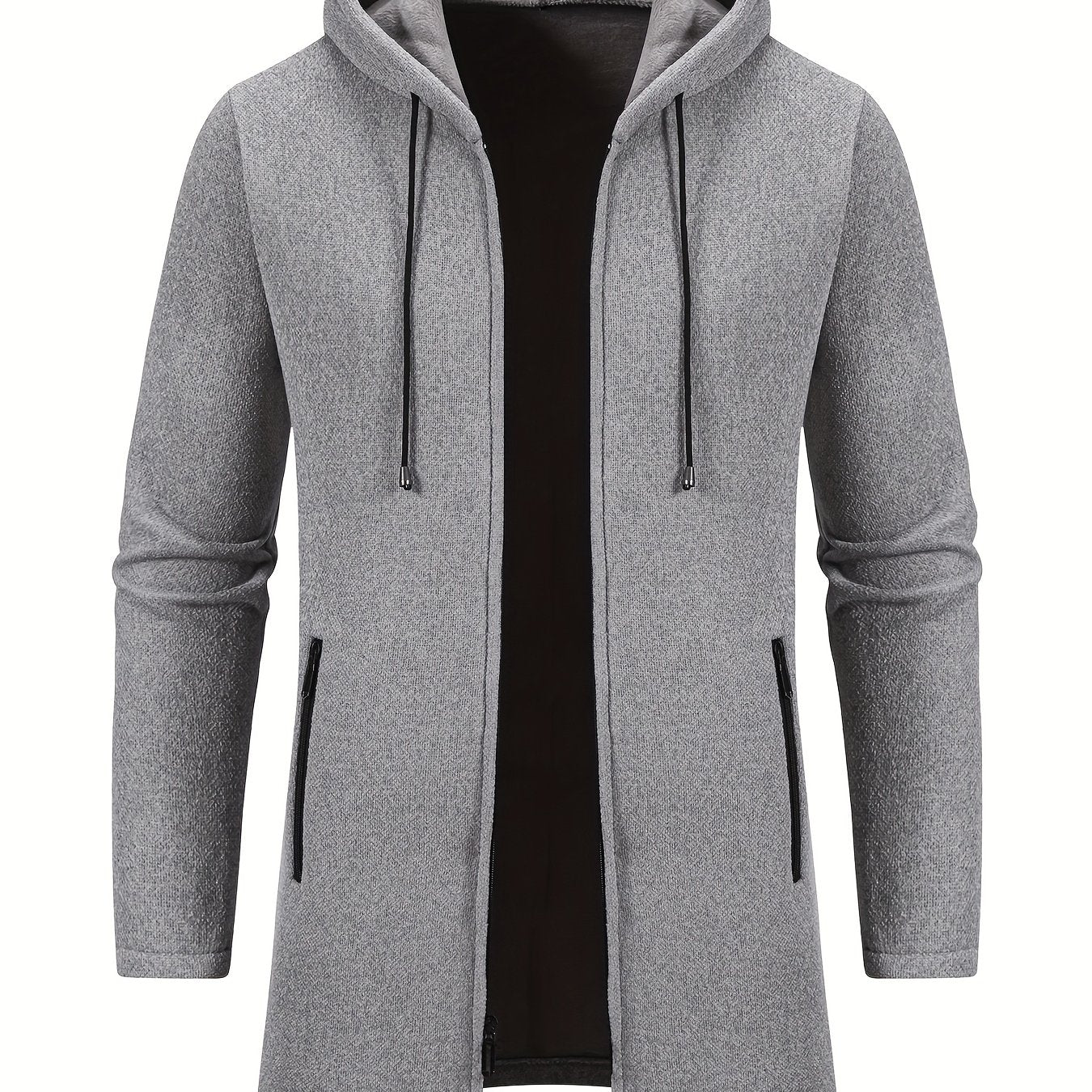 Men'S Fleece-Like Warmth Hooded Cardigan Jacket - Mid-Length Zipper Front Windbreaker Coat with Full-Zip Closure, Loose Fit Long Sleeve Winter Outerwear, Polyester Shell & Pockets for Casual & Semi-Formal Outfits (Autumn/Wint