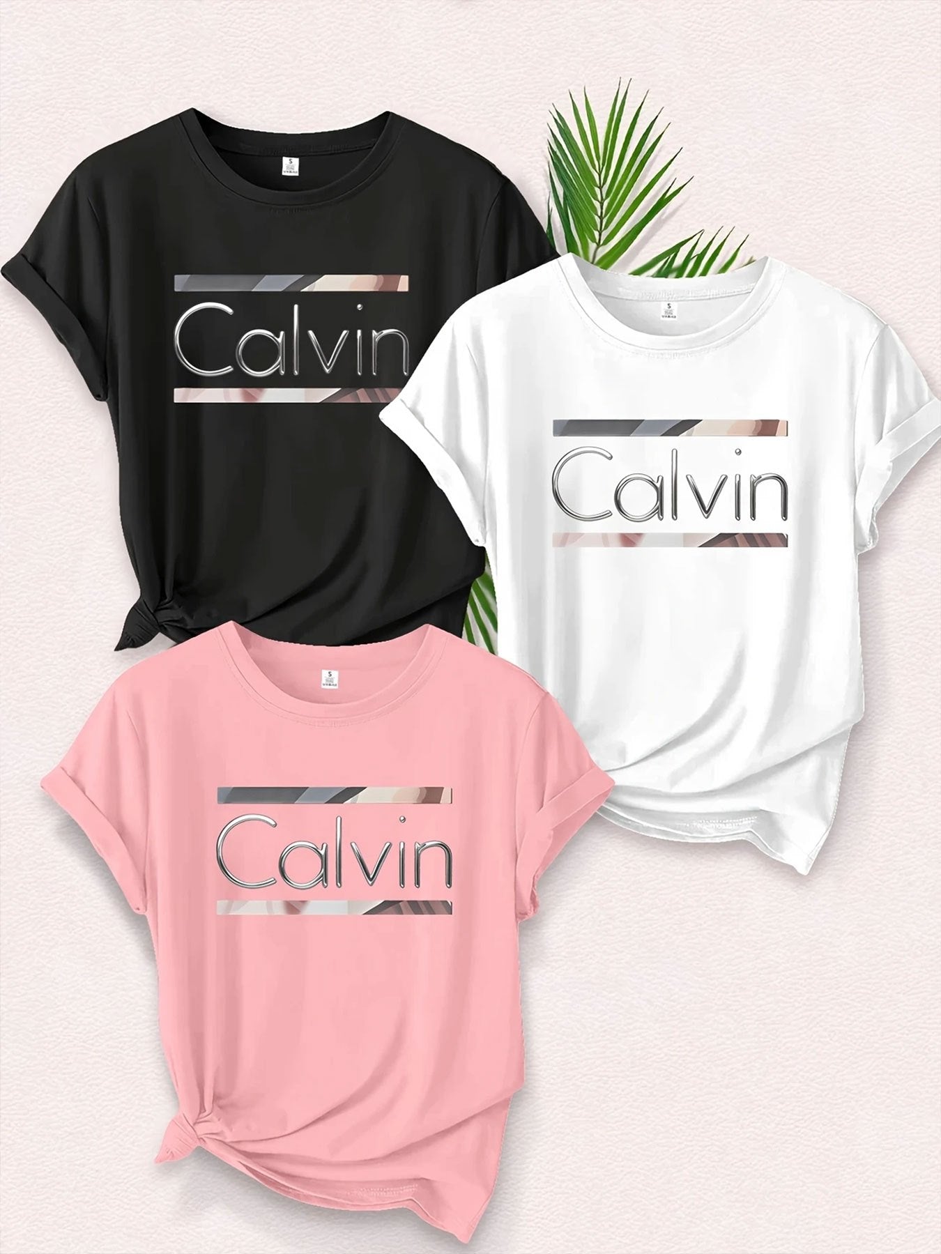 3pcs Women'S T-Shirts - Soft, Breathable, Casual Crew Neck Short Sleeve Tees with "Calvin" Print in Black, White, and Pink - Perfect for Spring/Summer, Available in Multiple Colors from Local Warehouse, Casual Wear | Minimali