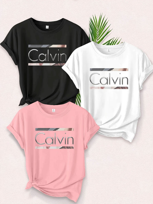 3pcs Women'S T-Shirts - Soft, Breathable, Casual Crew Neck Short Sleeve Tees with "Calvin" Print in Black, White, and Pink - Perfect for Spring/Summer, Available in Multiple Colors from Local Warehouse, Casual Wear | Minimali