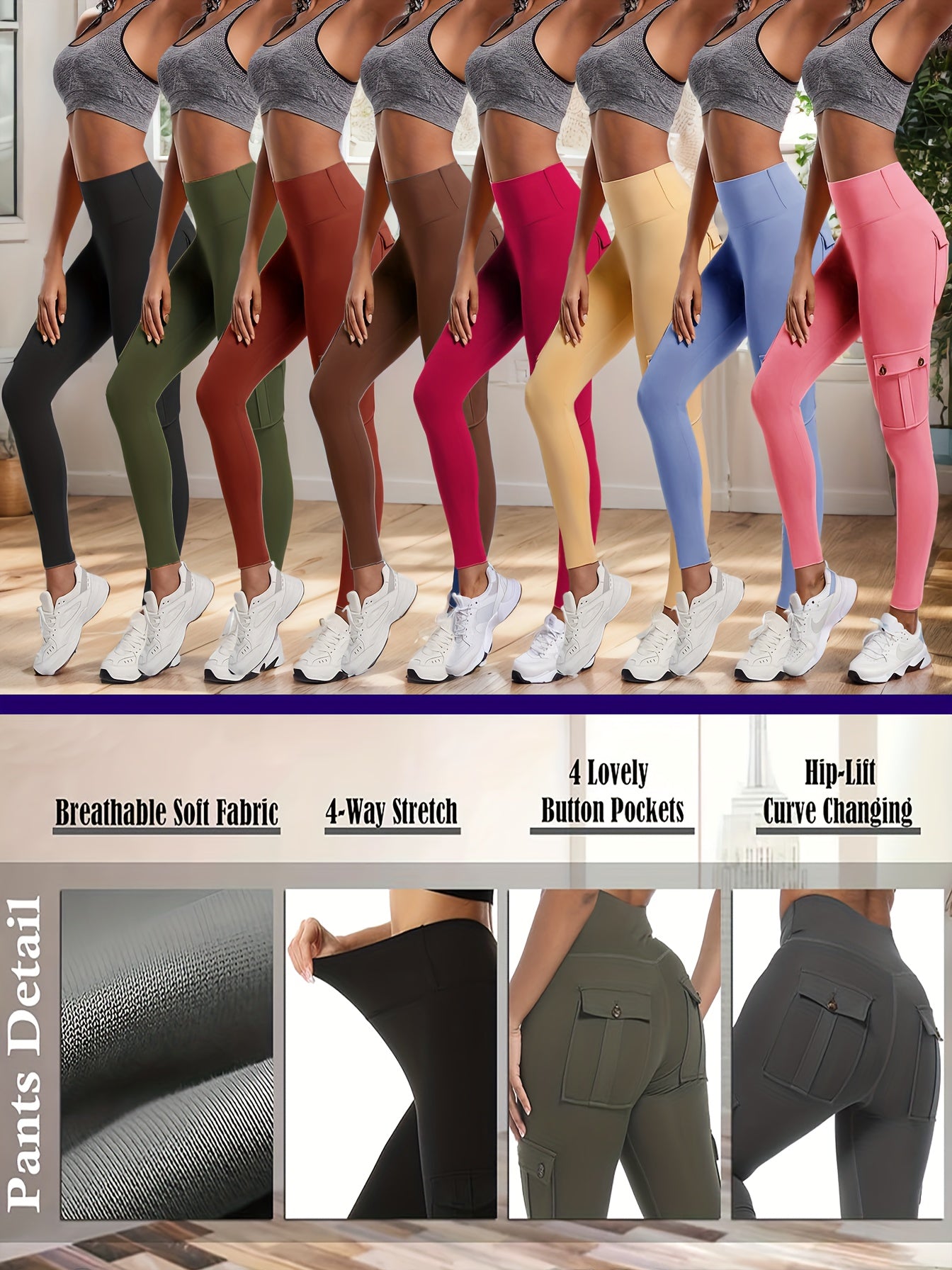 8-pack High Waist Yoga Leggings, 8pcs Leggings Set, 4 Way Stretch, Butt Lifting Tummy Control, 4 Button Pockets Workout Running Sports Pants