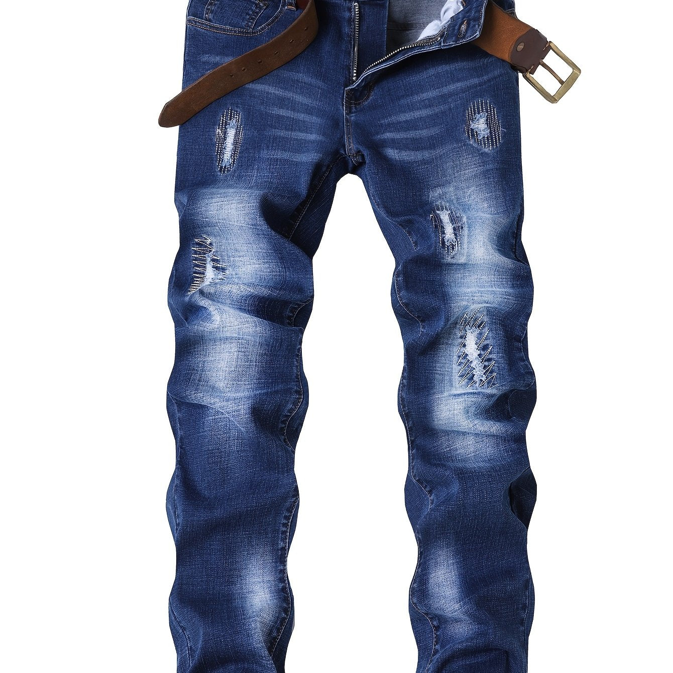 Mens Jeans with Elastic Distressed Embroidery, Slim Fit And Slimming Effect, Deep Blue Distressed Mens Clothes, Suitable for All Seasons