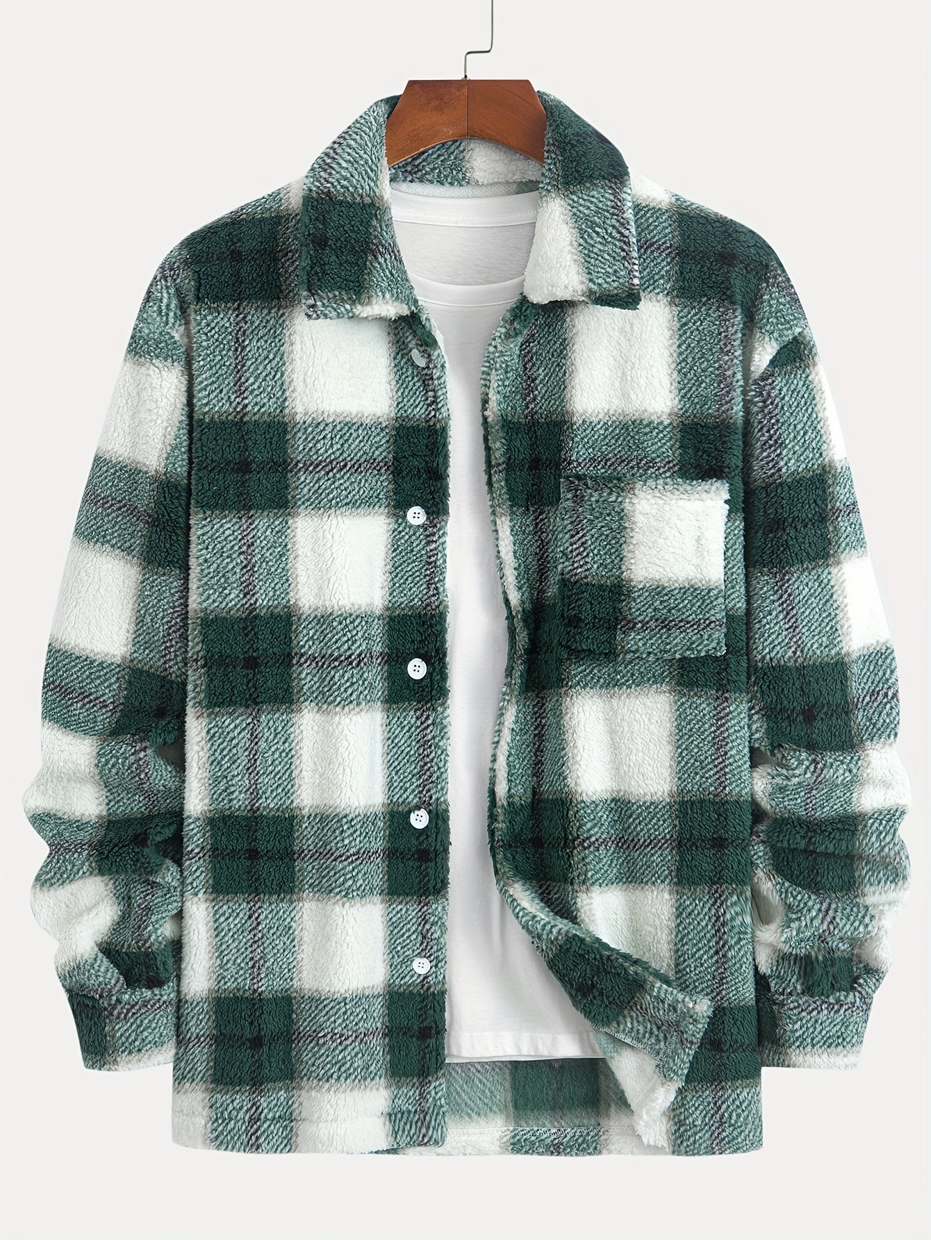 1pc Men's Plush Fleece Jacket with Green/White/Black Plaid Pattern - Double-Sided Collar & Lapel, Button-Front Closure, Regular Fit Long Sleeve Coat for Autumn/Winter, Casual & Semi-Formal Wear (Hand Washable)