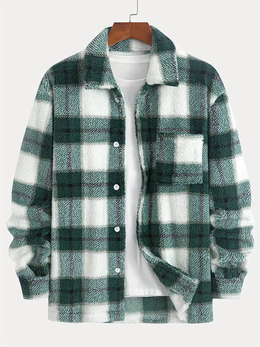 1pc Men's Plush Fleece Jacket with Green/White/Black Plaid Pattern - Double-Sided Collar & Lapel, Button-Front Closure, Regular Fit Long Sleeve Coat for Autumn/Winter, Casual & Semi-Formal Wear (Hand Washable)