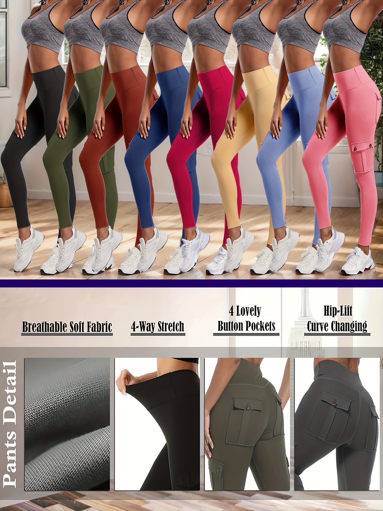 8-pack High Waist Yoga Leggings, 8pcs Leggings Set, 4 Way Stretch, Butt Lifting Tummy Control, 4 Button Pockets Workout Running Sports Pants