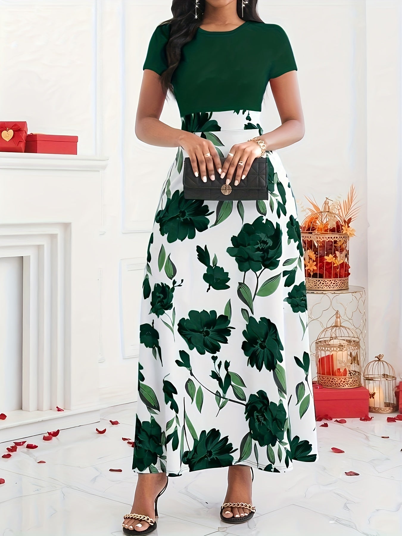 Elegant Women's Floral Print Maxi Dress - Short Sleeve Round Neck High-Waisted Black & Green Floral Pattern, Machine Washable Spring/Summer Formal Event Attire, Sophisticated Design, Floral Print Dress, Spring Summer Outfit,