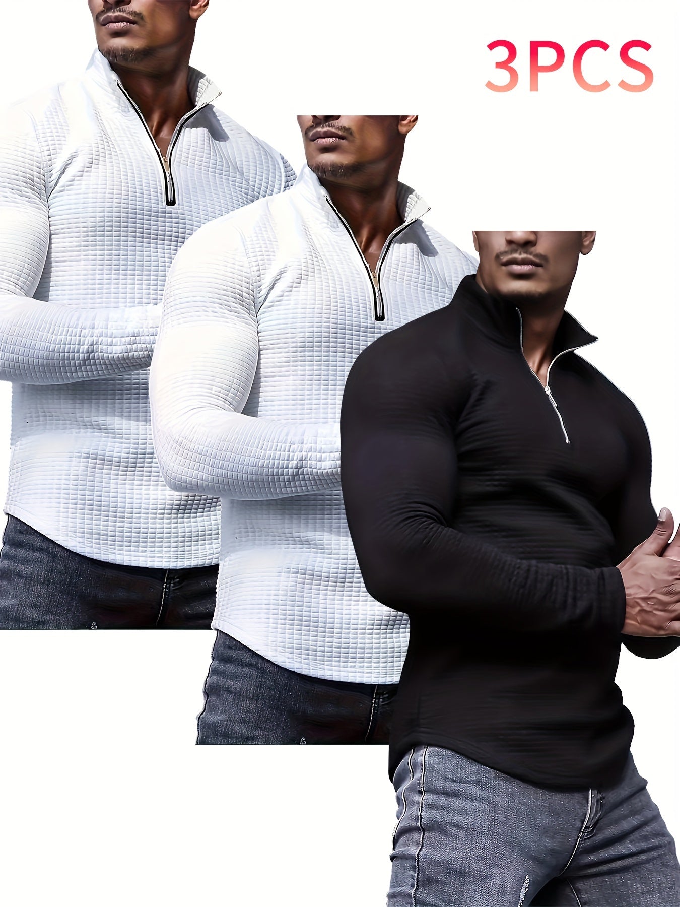 3pcs Men's Waffle Knit Zip-Up Collar Sweatshirts - Solid Color, Stretch Fabric, Machine Washable for Spring, Fall, and Winter