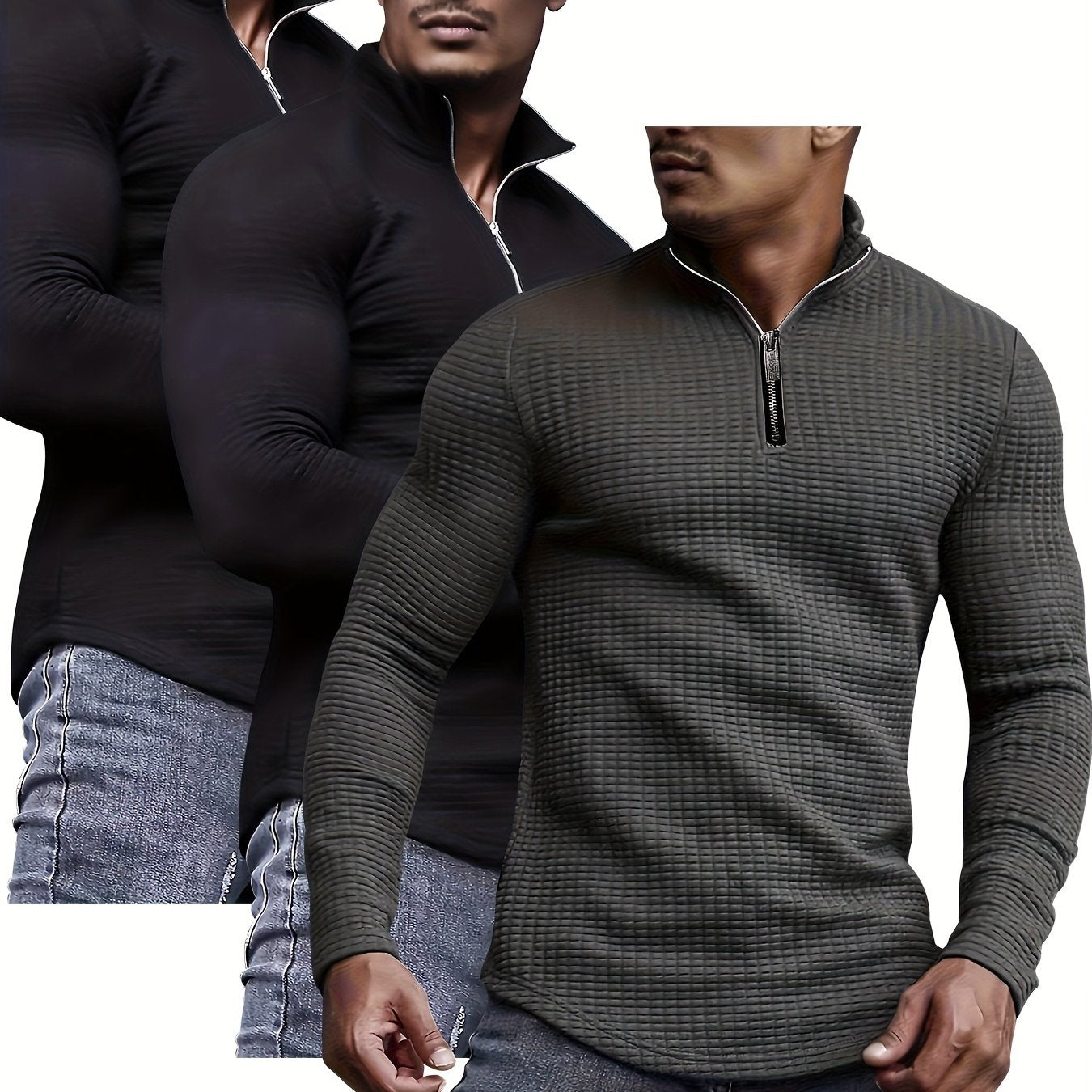 3pcs Men's Waffle Knit Zip-Up Collar Sweatshirts - Solid Color, Stretch Fabric, Machine Washable for Spring, Fall, and Winter