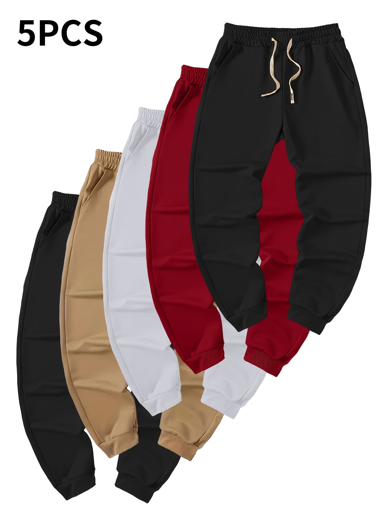5pcs Men'S Jogger Pants - Elastic Drawstring Waist Gym Running Pants, Loose Fit Casual Trousers with Pocket - Black/Red/Beige/White/ - Autumn Workout & Everyday Streetwear for Men, Jogging Pants, Outdoor Activewear, Sporty De